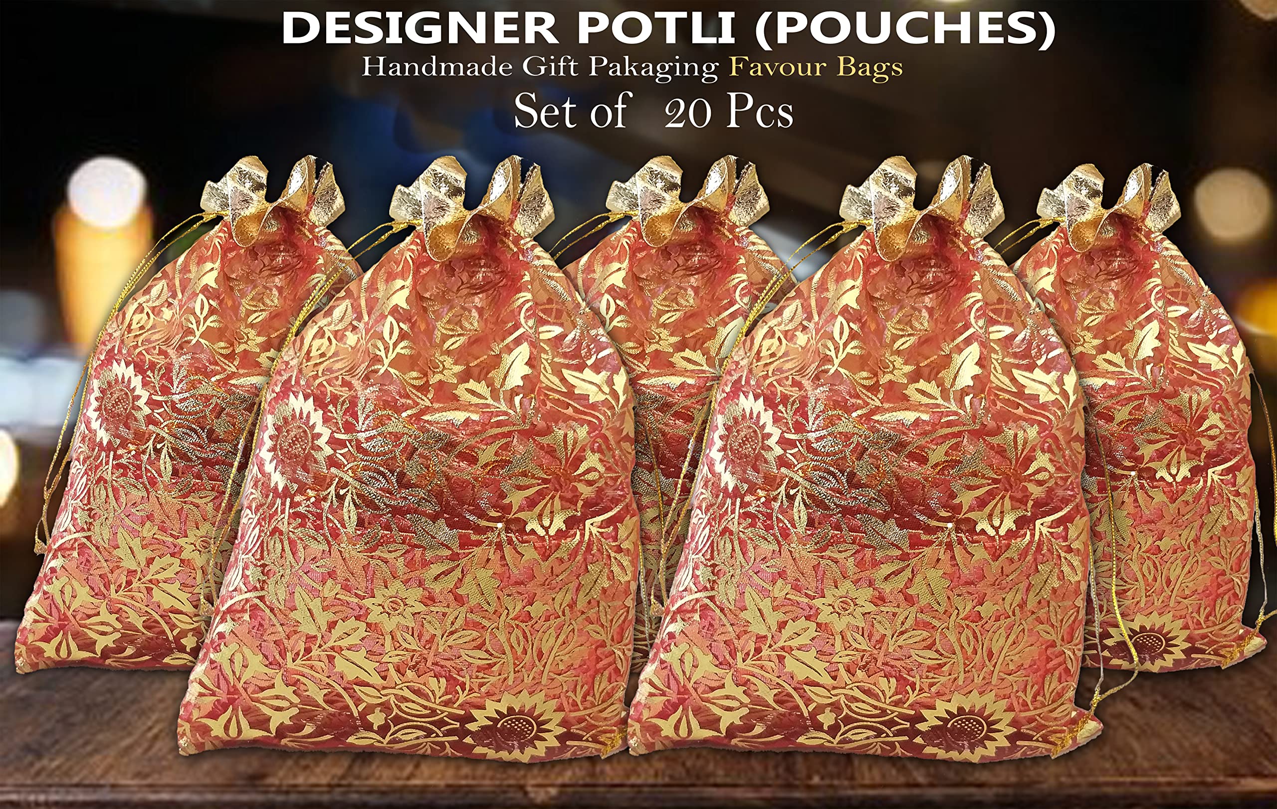 indian art & craftsindian art & crafts Women's Net Jari 24 x 16 cm Potli Pouch Bag (Multicolour) -20 Pieces