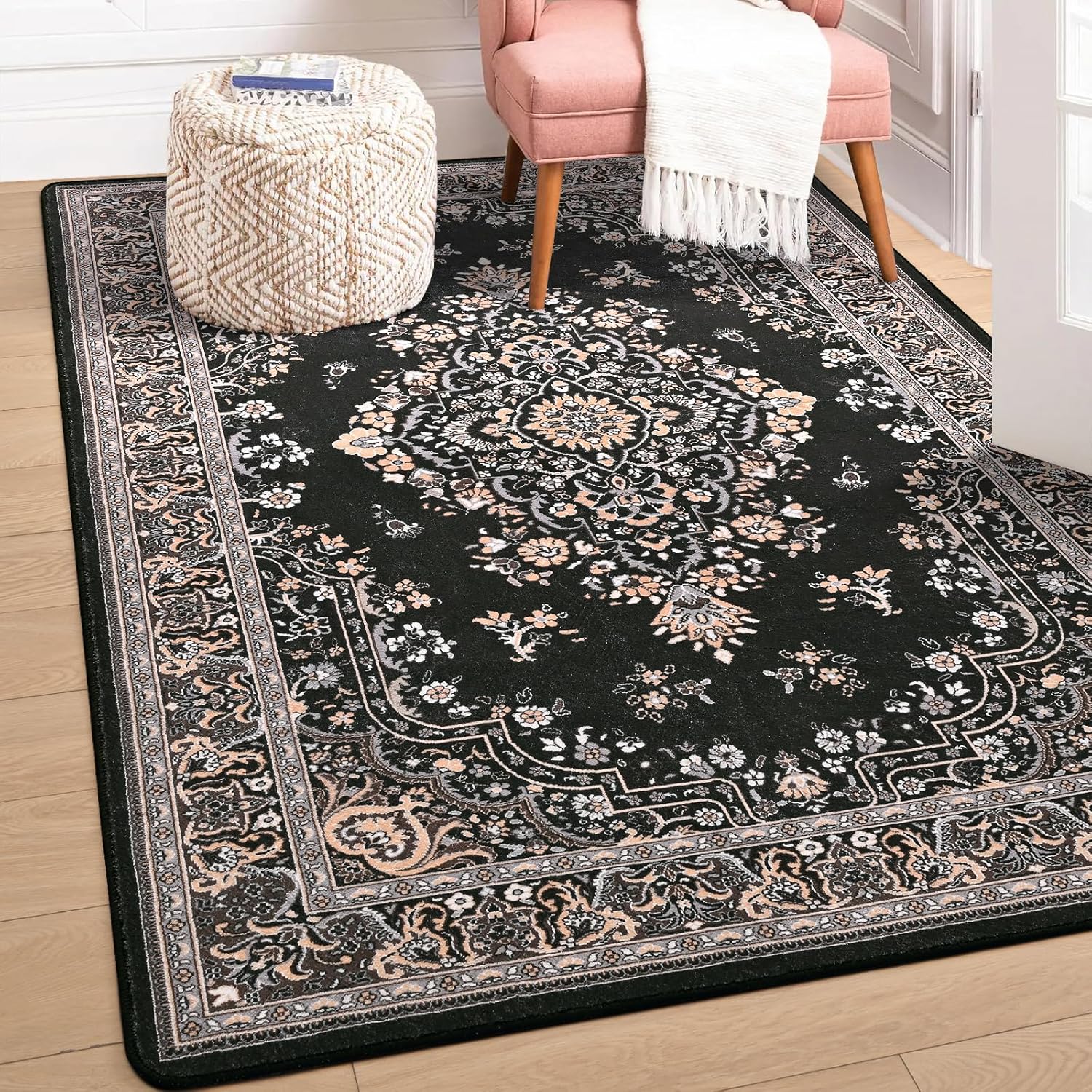 HOMORE Living Room Rug 5x7 Black Area Rug for Living Room, Non Slip Washable Vintage Rugs for Bedroom Dining Room Faux Wool Throw Rugs for Farmhouse Home Decor