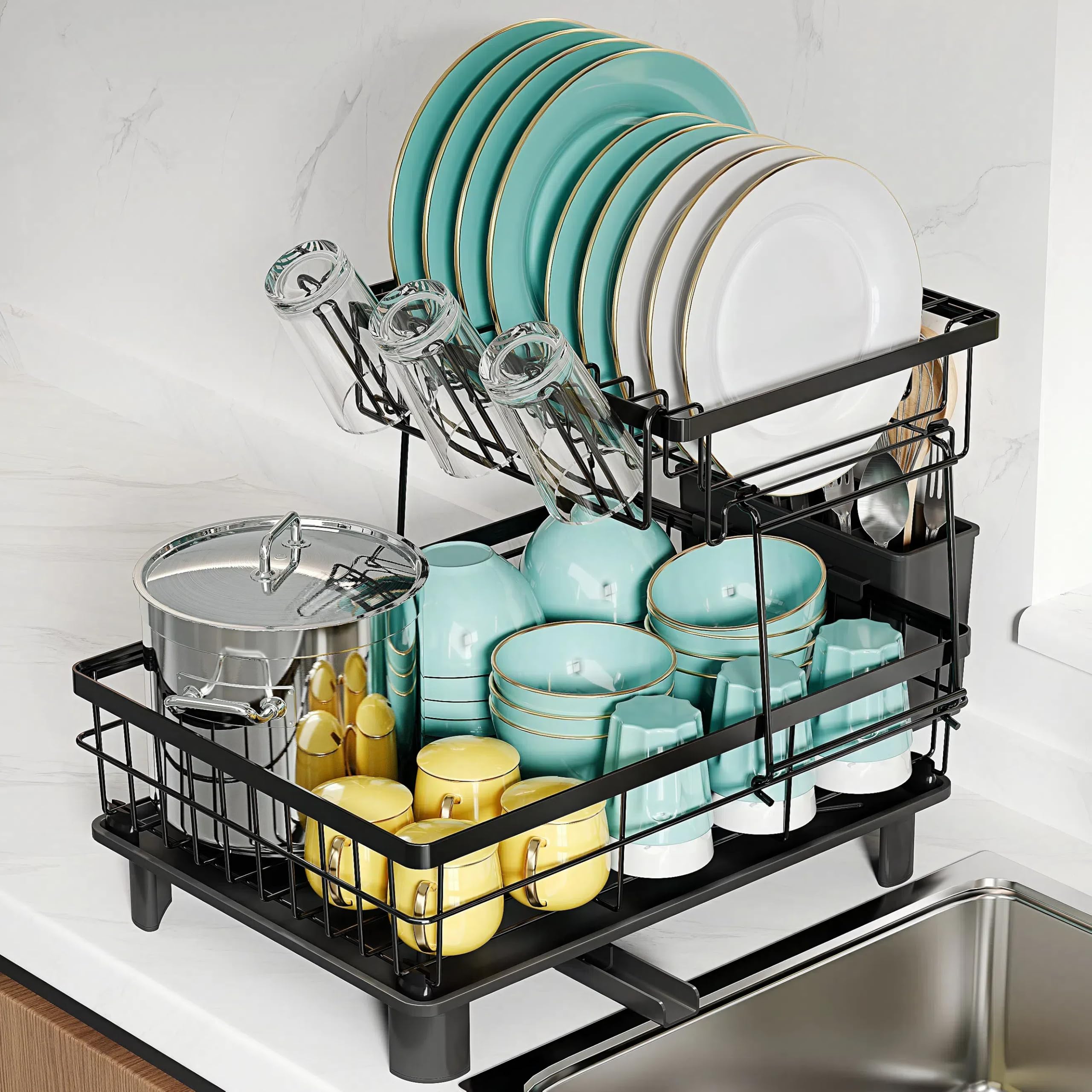 MAJALiS Dish Drainer Rack with Drip Tray, 2 Tier Black Washing Up Drainer for Kitchen Sink, Stainless Steel Dish Drying Rack, Anti Rust Plate and Cutlery Drainers