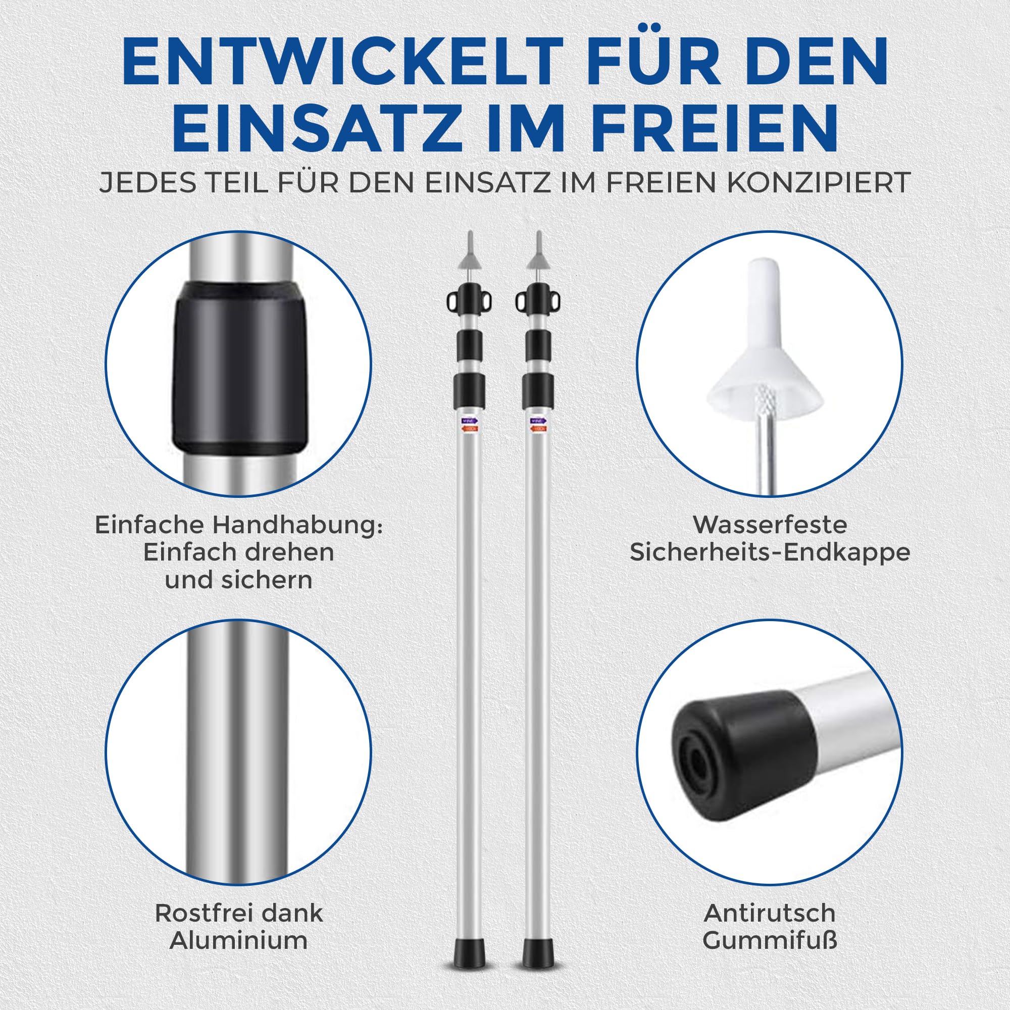 2x Premium Teleskop-Zeltstangen aus Alu + Tasche | Stufenlos 95-230 cm verstellbar | Für Tarps, Planen & Sonnensegel | Ultraleicht (450g/Stange) & Twist-Lock-System