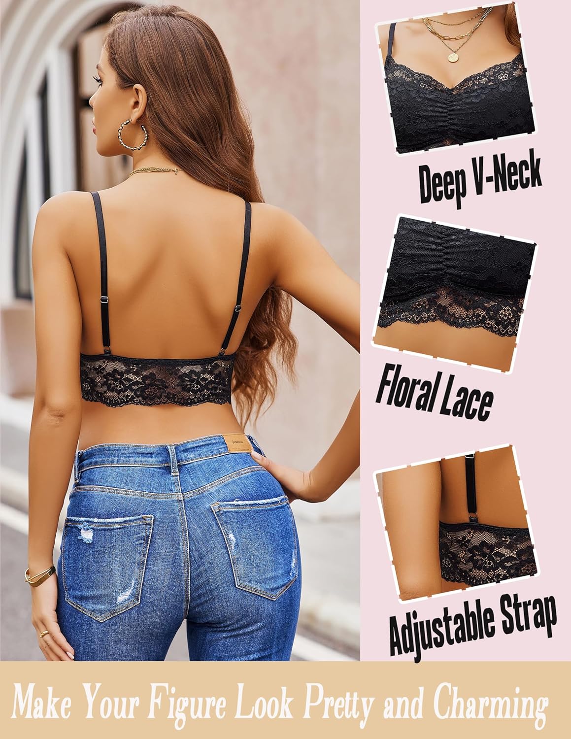 Avidlove Lace Bralette for Women V Neck Cami Tank Y2k Camisoles Adjustable Spaghetti Strap Crop Top - Image 3