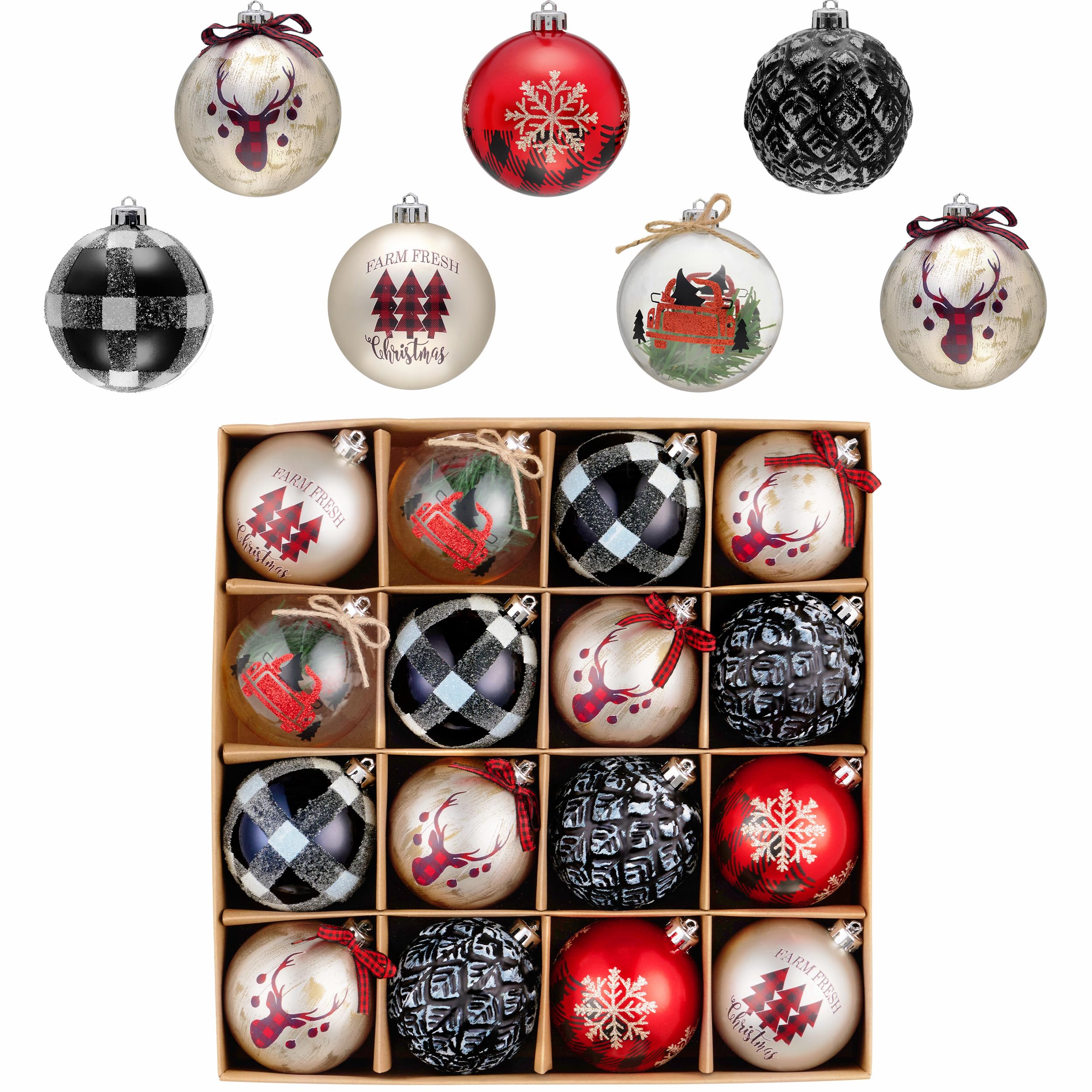 Valery Madelyn Lot de 16 boules de Noël incassables rouges et noires pour sapin de Noël, 8,9 cm, ornement décoratif à suspendre en vrac pour décoration de fête de Noël