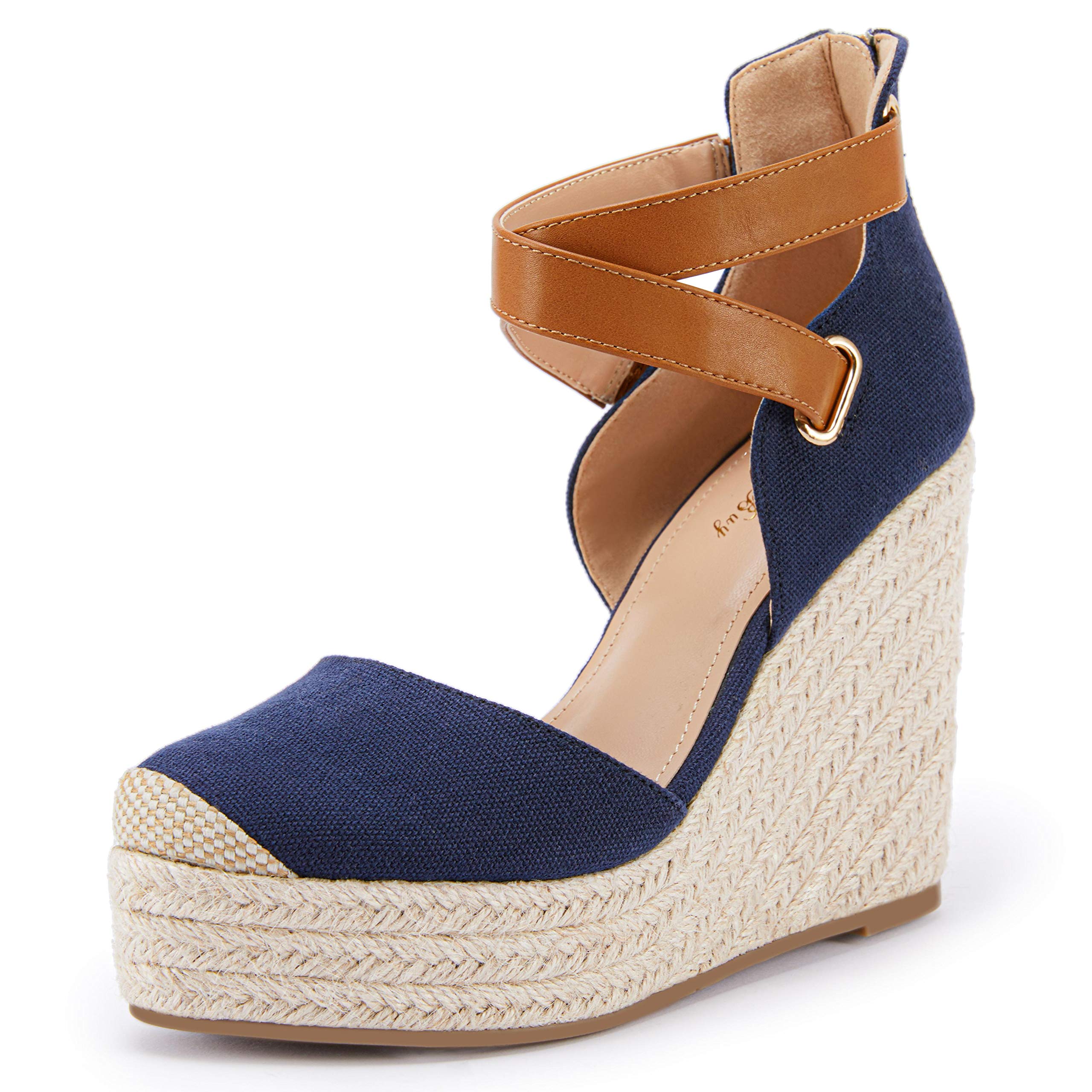 PiePieBuyWomens Wedge Espadrille Ankle Strap Closed Cap Toe Platform Heeled Sandals
