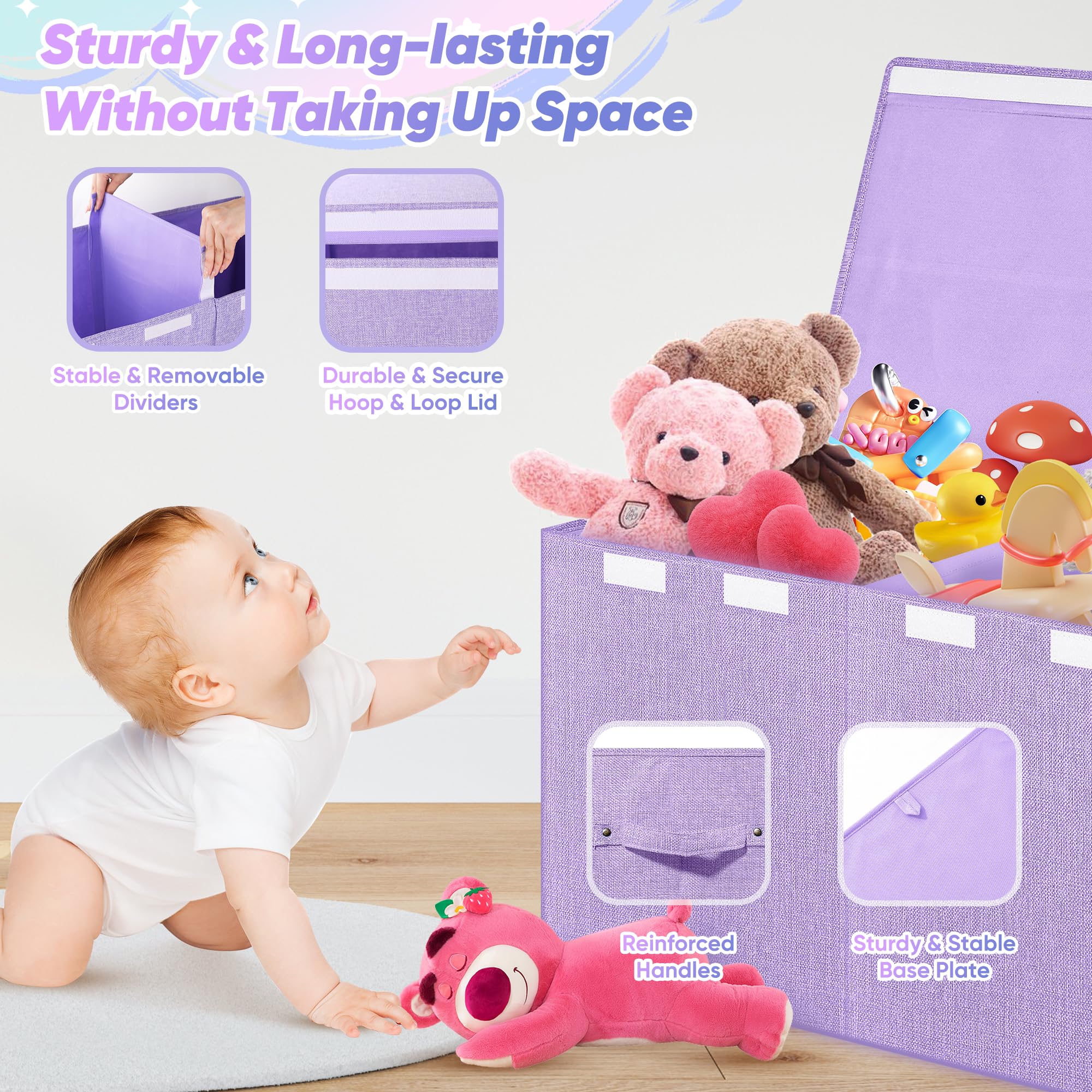 Mabahoo Caja de juguetes extra grande, caja de juguetes para niños y niñas, organizador de almacenamiento de juguetes resistente plegable con bolsillos de malla, 41 x 14 x 16 pulgadas, cajas de