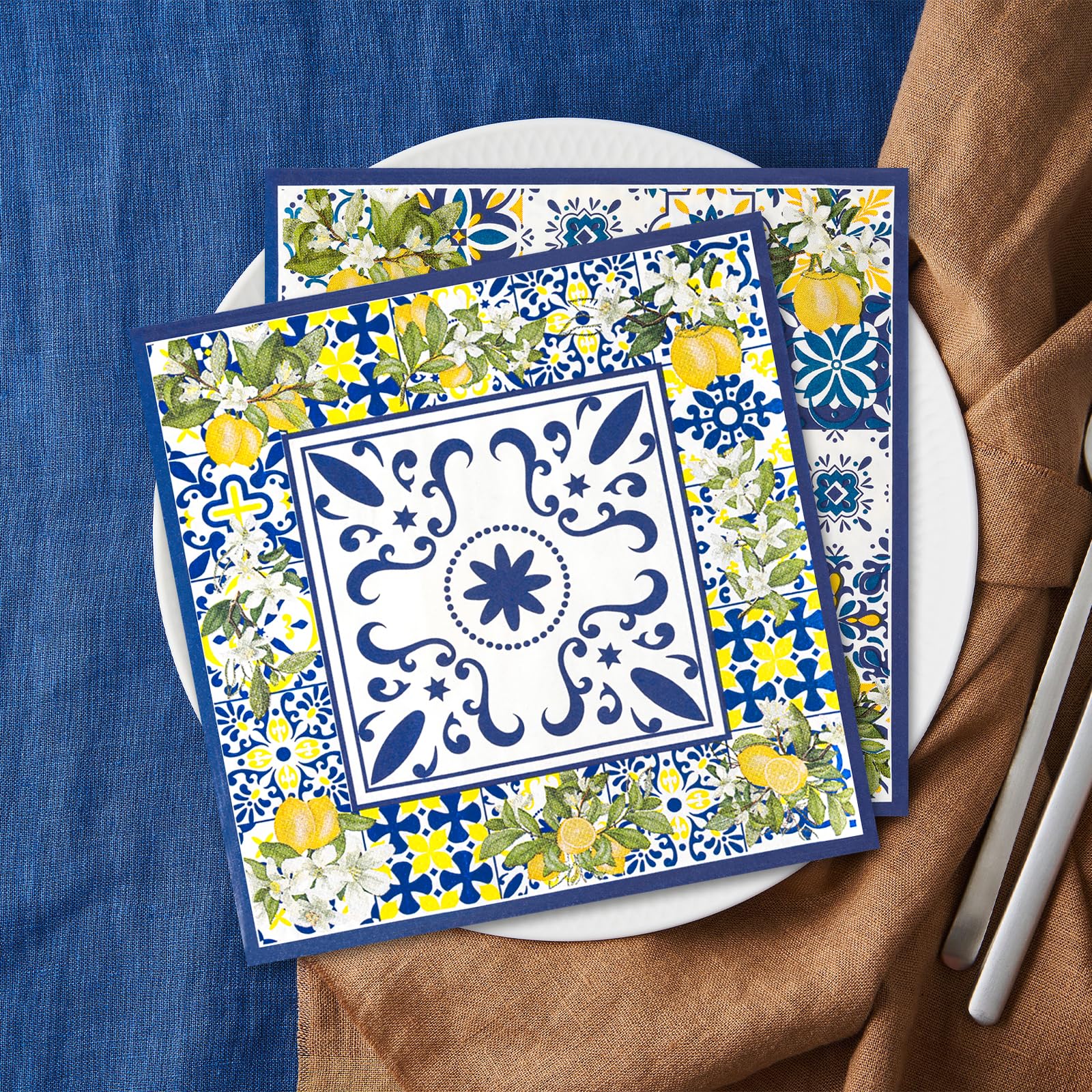 40 Pezzi Tovaglioli Ai Limoni, Stile Capri Blu Bianco, Carta per Tovaglioli al Limone, Festa Estiva Decorativa, Compleanno A Tema Agrumi, Addobbi da Tavola al Li