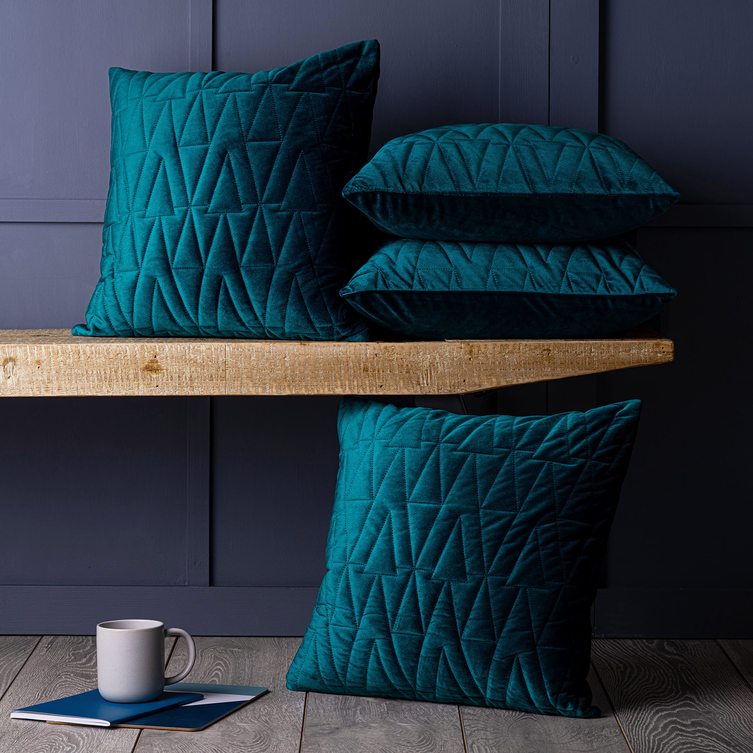 Red Rainbow Teal Blue Cushion Covers 4 Pack 3D Quilted Velvet Geometric Designs 18 Inch X 18 Inch 45Cm Square (, 4 Triangles)