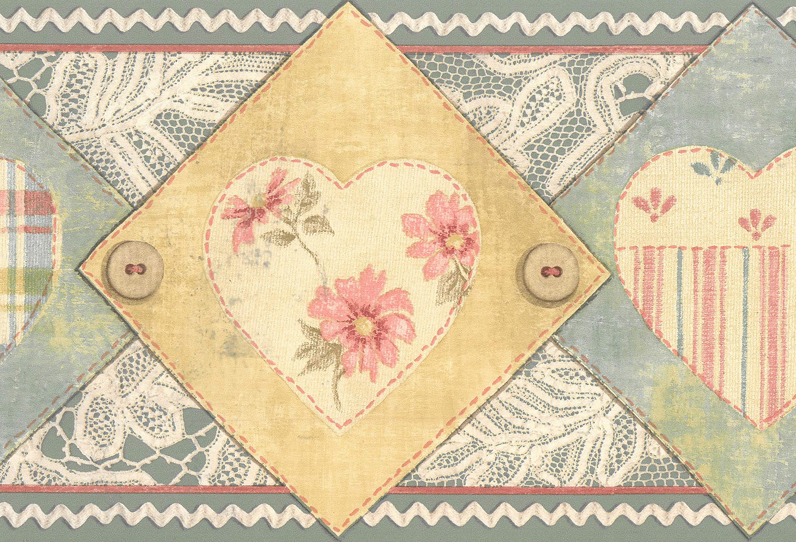 Dundee Deco Green,Brown,Pink Bd6134 Prepasted Wallpaper Border - Kids Green, Brown, Pink Hearts, Flowers Wall Border Retro Design, 15 Ft X 7 In (4.57M X 17.78Cm)