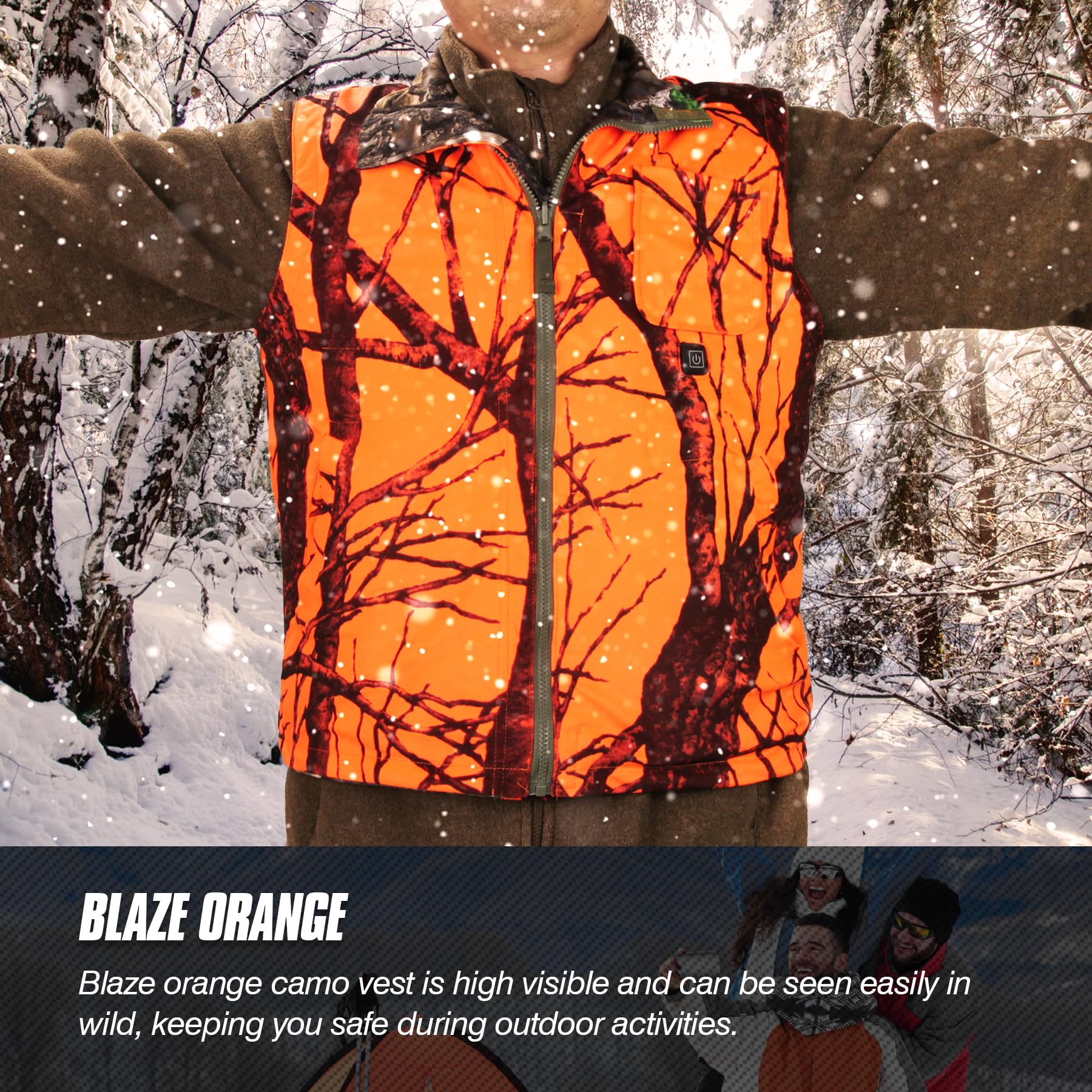 GUGULUZA Gilet riscaldato reversibile mimetico e arancione per caccia, gilet di sicurezza per giochi di riscaldamento leggero per escursionismo