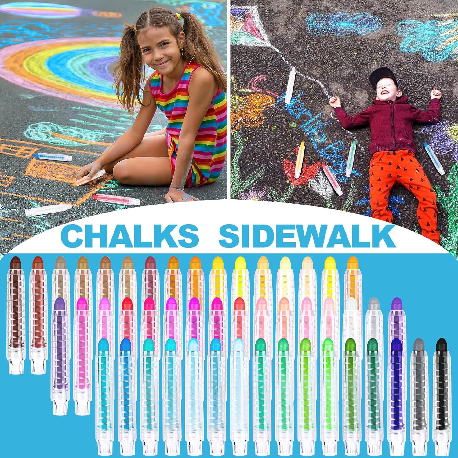Sidewalk Chalk for Kids, 48 Colors Dustless Washable Toddlers Chalk with Plastics Holder for Blackboard Drawing Writing Toys Gift Party Favors
