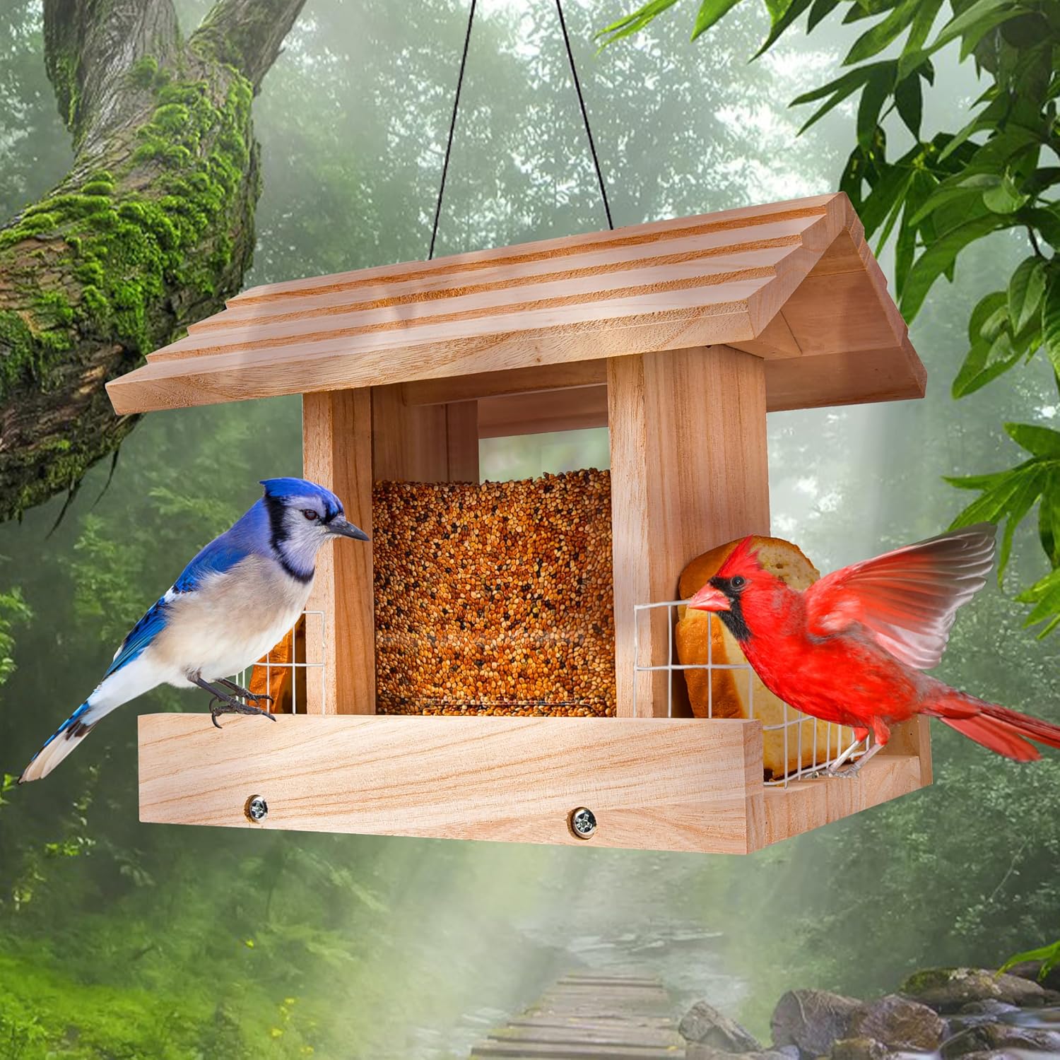 Aucurwen Bird Feeders for Outdoors Hanging Wooden Bird Feeder Hopper