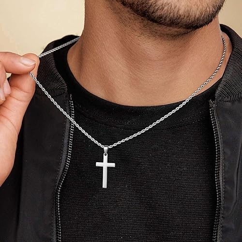 Miniatura 3 de LUXEJEW Collar de cruz para hombres y niños, cadena de cuerda de acero inoxidable plataoronegro, collar con colgante de cruz, joyería para hombre,