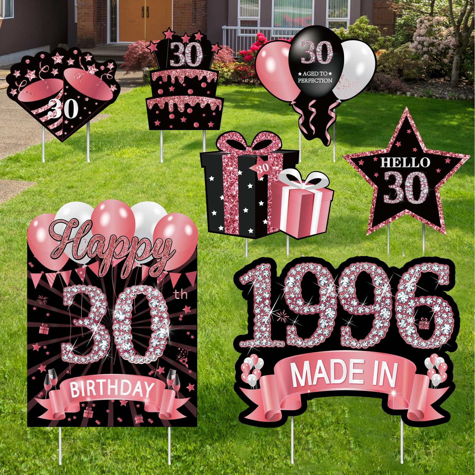 7Pcs Rose Gold 30th Birthday Yard Sign Decorations for Women,Happy 30th Birthday Made in 1994 Lawn Sign Party Supplies, Thirty Year Old Birthday Outdoor Yard Decor with Stakes