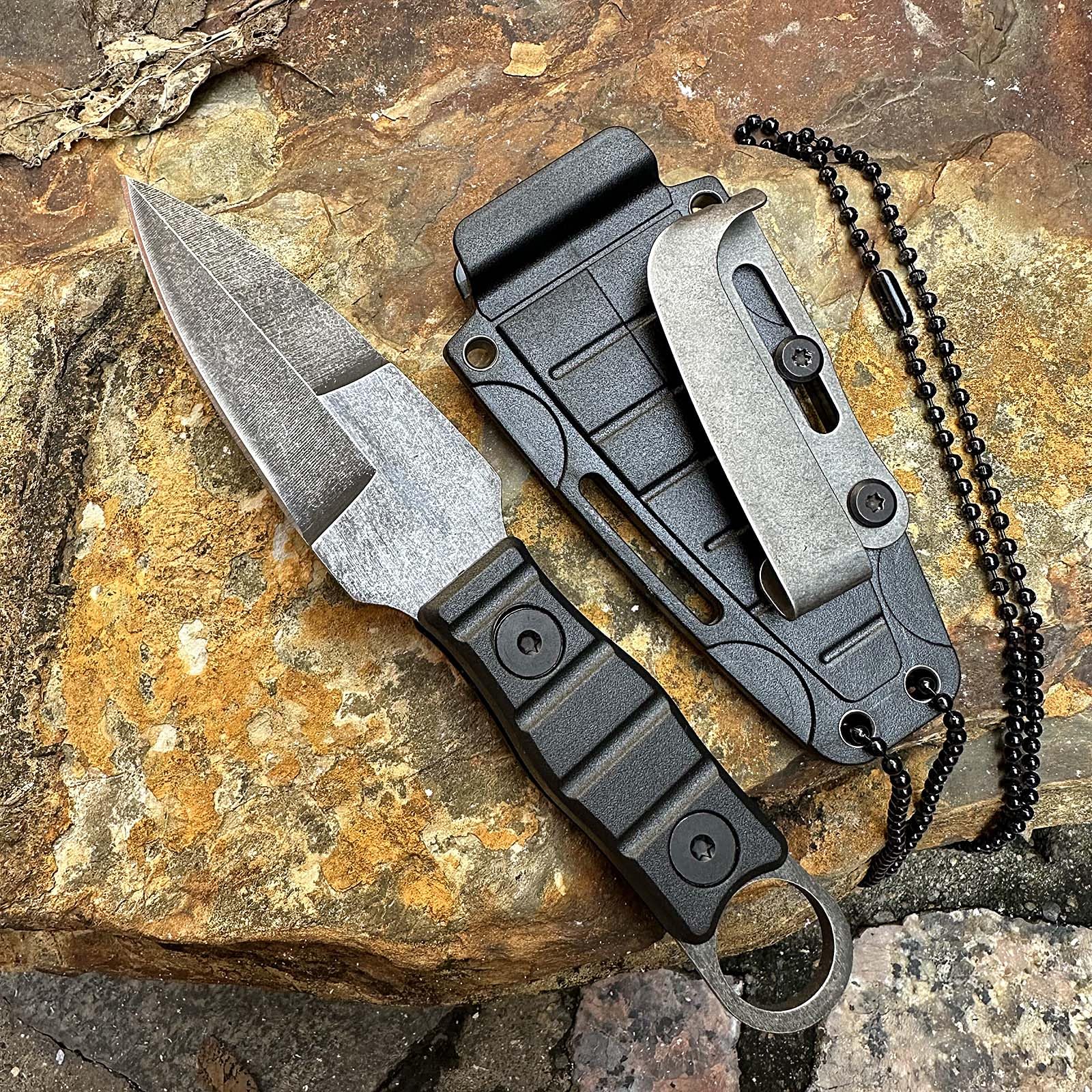 HUNTER FORCE Stonewash Compact Fixed Blade Knife, Full Tang with K-sheath, Classic Handle, Necklace included, for EDC, Outdoor, Camping, Hiking