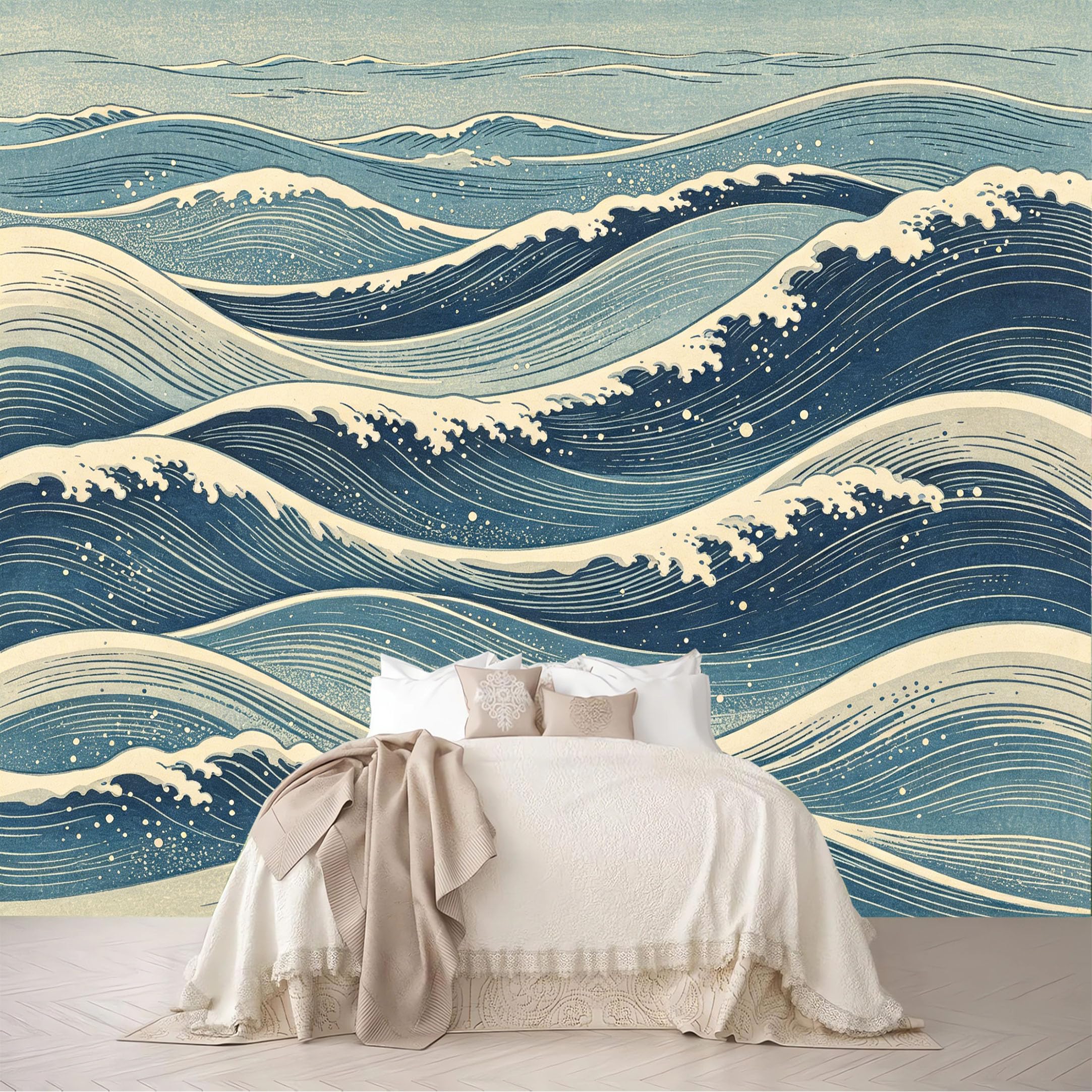 Dskjoviality Ab260706107 Custom Size Wall Murals Vintage Blue Ocean Wave Woodblock Print Removable Self-Adhesive For Bedroom Living Room Dining Room
