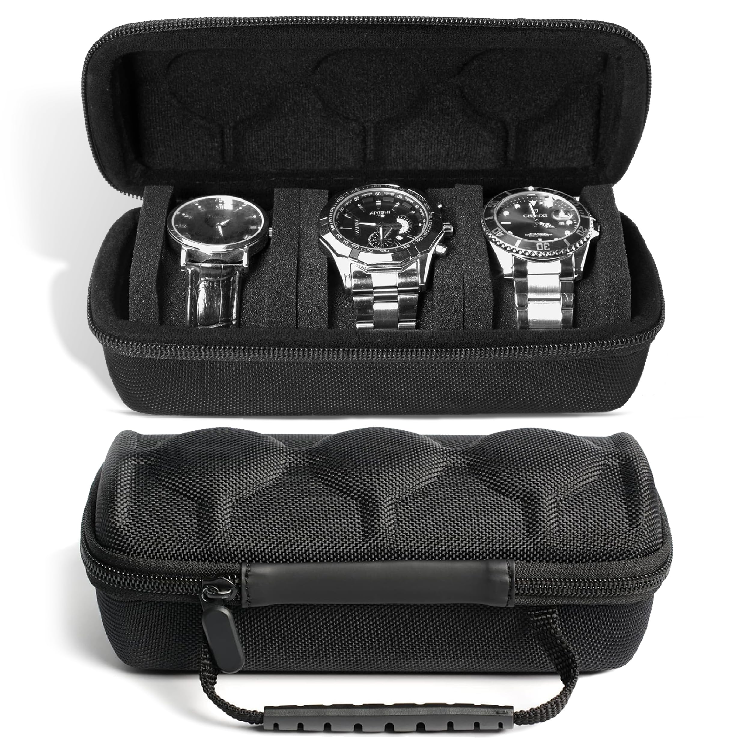 Sounce Travel Watch Case Organizer Watch Box With Zipper Heavy Duty Nylon Exterior, Travel Friendly Case Fits all Wristwatches & Smart Watches Up To 60MM Compatible for Apple Watch (3 Slots)