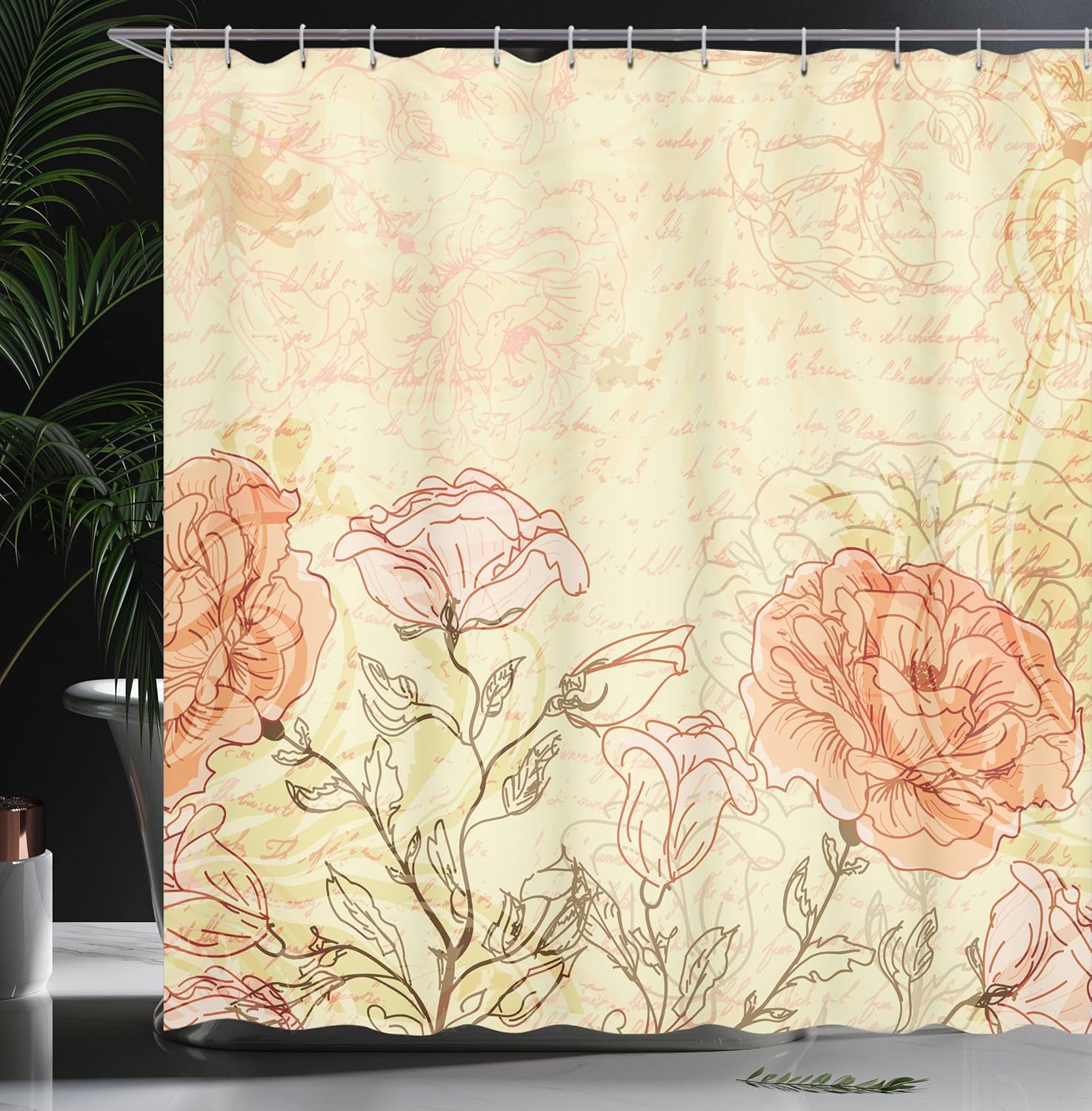 Ambesonne Vintage Shower Curtain, Double Exposure Background Roses and Lettering Love Words Once Upon a Time Theme, Cloth Fabric Bathroom Decor Set with Hooks, 69" W x 75" L, Cream Pink