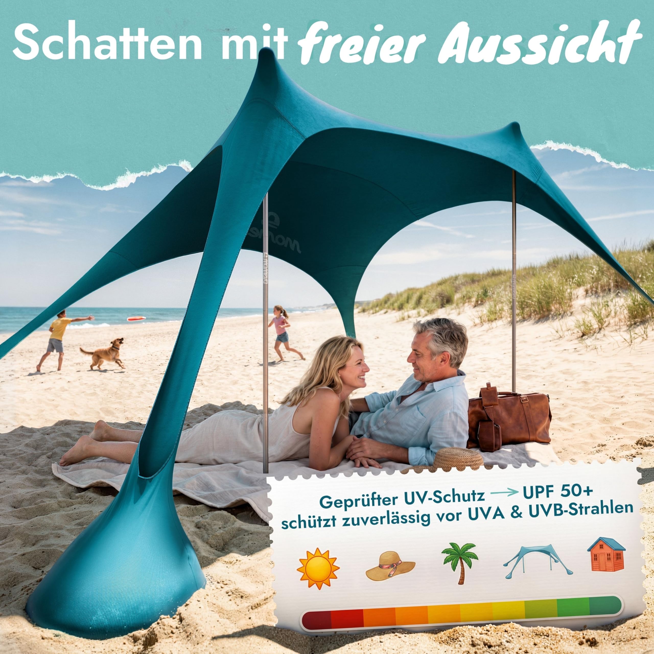 Sunsail Strandzelt Sonnensegel Strand UV Schutz UPF50+ windstabil leicht Next Level Strandmuschel 2 Stangen Petrolblau