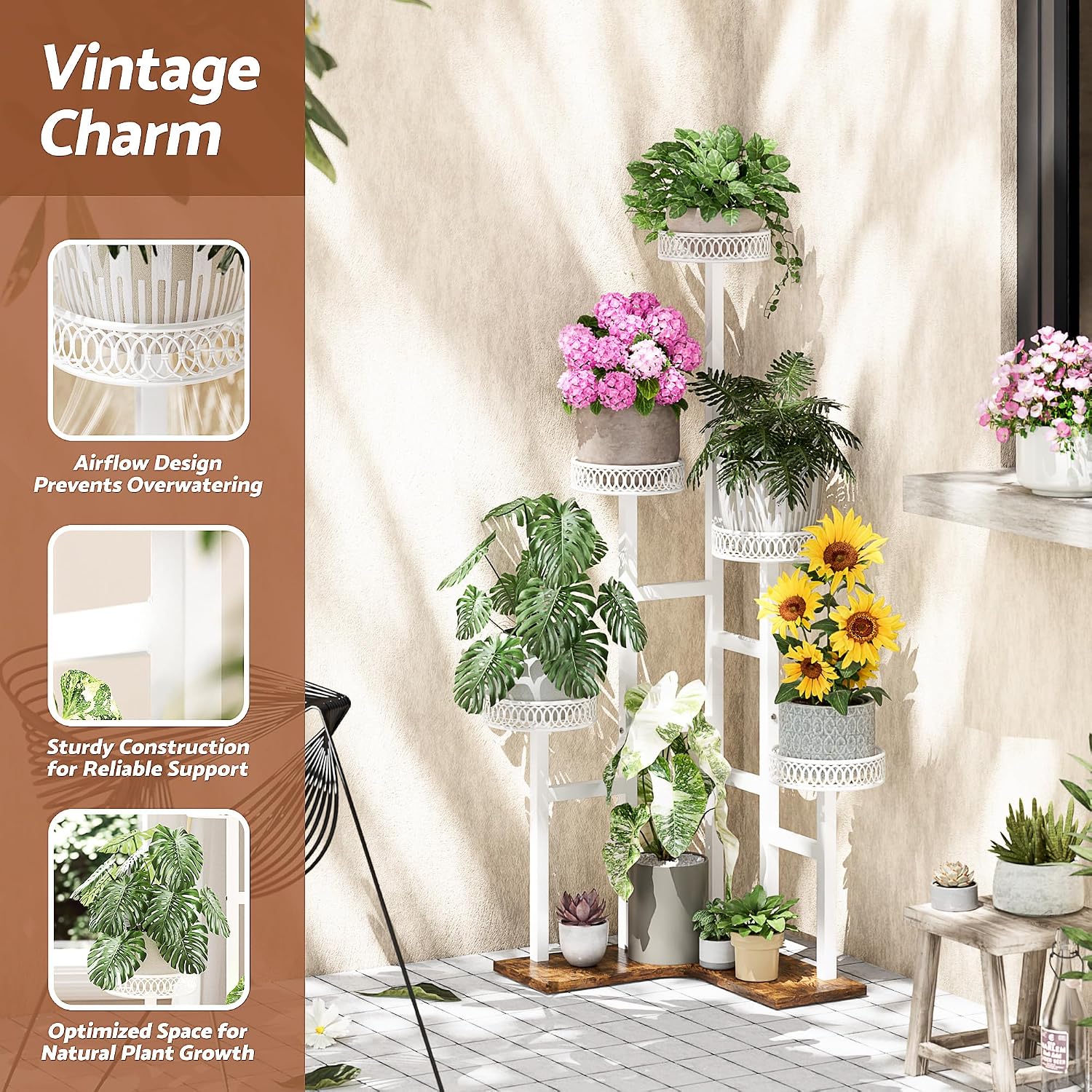 White Corner Plant Stand Wood, 5 Potted Tiered Metal Plant Stands Tall Indoor,Heavy Duty Flower Pot Stands for Multiple Plants,Decoration Display Racks for Patio -WhiteFlower