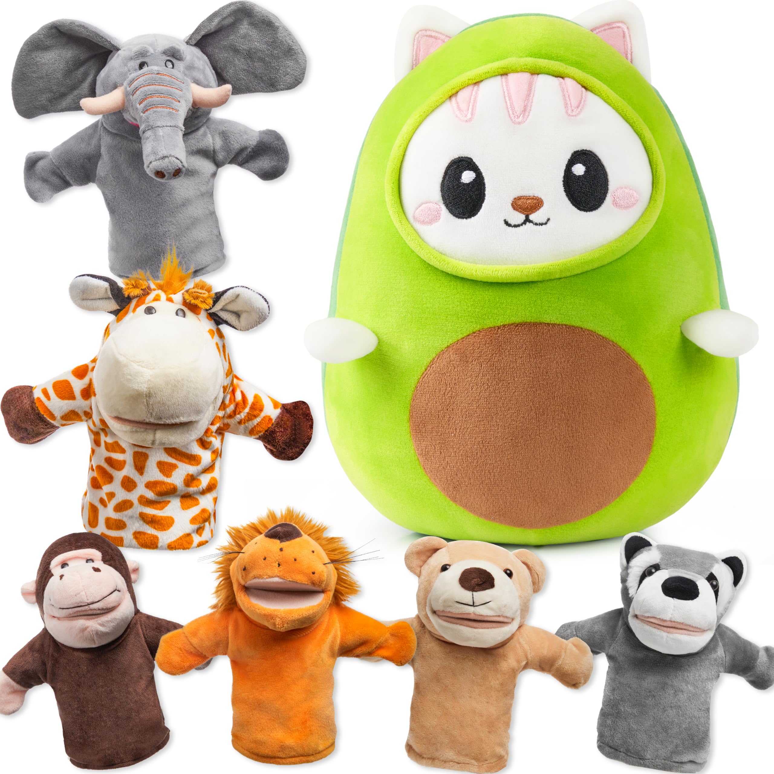 JOYIN 6Pcs Kids Hand Puppet Set with Working Mouth Bundle with JOYIN Stuffed Animal, Kawaii Avocado Cat Plush Toy