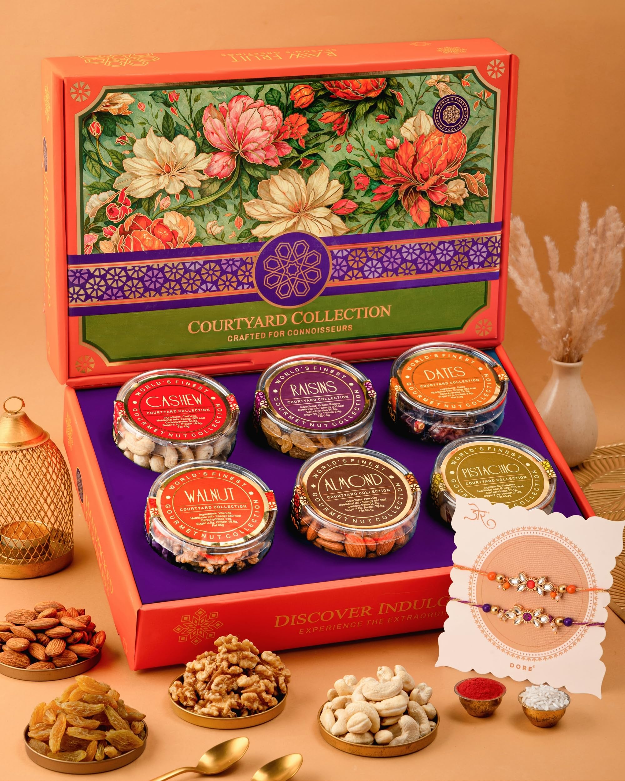 Hyperfoods® Rakhi Gift For Brother With Dry Fruits 745g (Box Weight 960 Grams) RawFruit Courtyard Collection Pack of 6 Dry Fruits Gift Box Rakhi Set of 2 DryFruits Gift Pack Dryfruit Box for Gift Dry Fruit Hampers-image-13