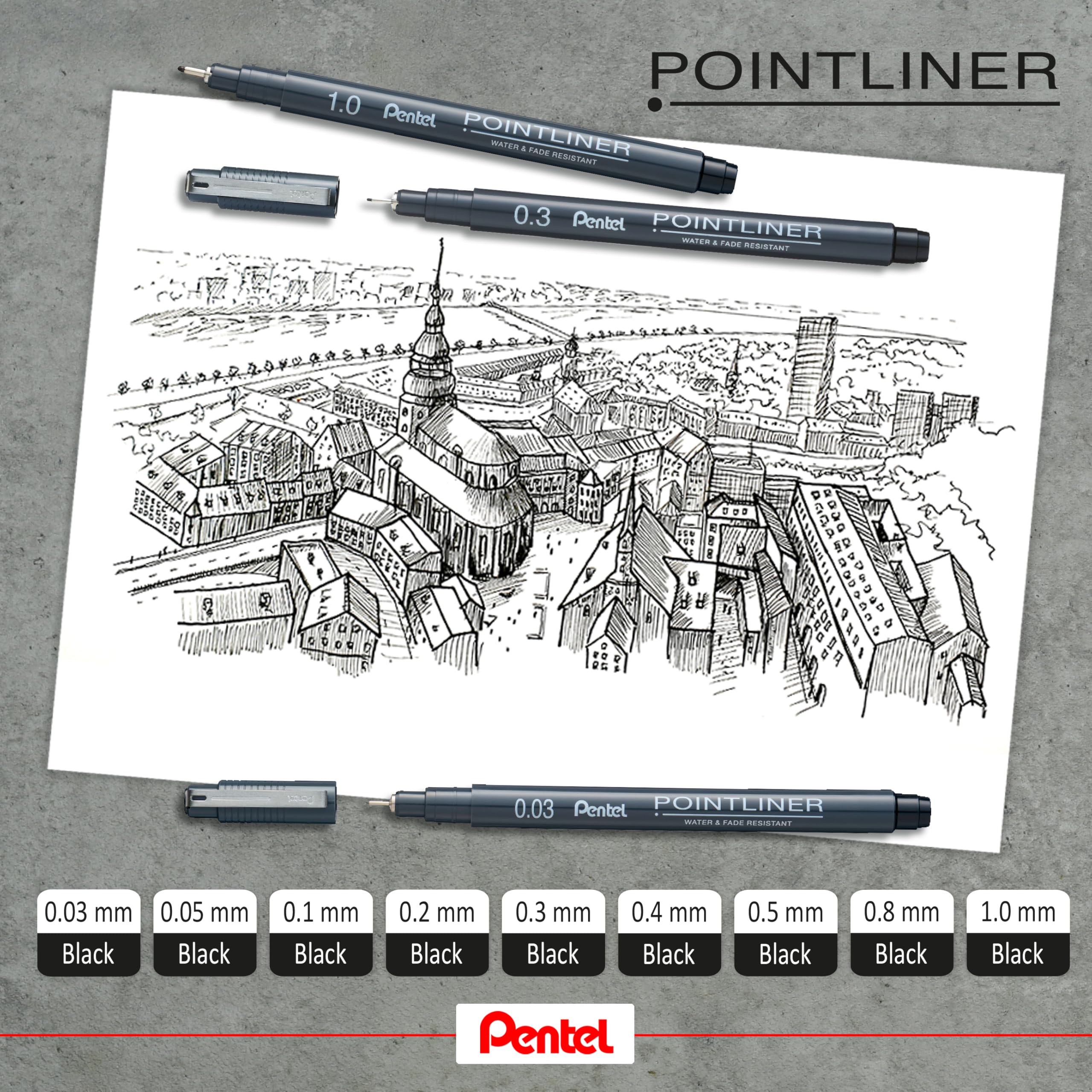 Pentel Pointliner Pigment Liner S20P - Pennarelli a punta fine, da 0,03 mm a 3,0 mm, inchiostro nero, seppia, sanguina e grigio, confezione da 14