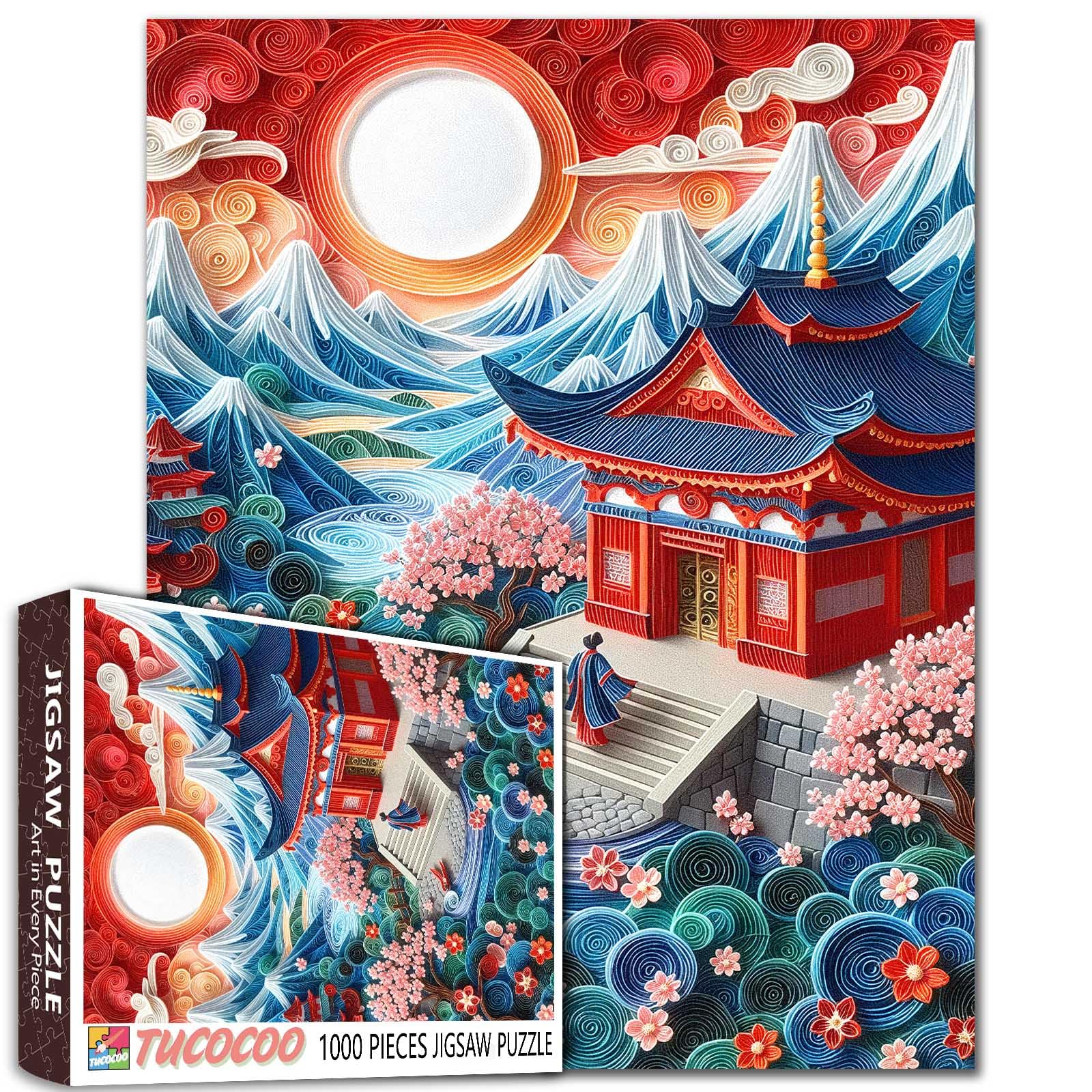 1000 Pieces Jigsaw Puzzle for Adults Students Japanese Temple Landscape Art Puzzles 20X27 Inches Vibrant Cherry Blossom River Mountain Scene Unique Gift Idea Relaxing Game for Home Office Decor