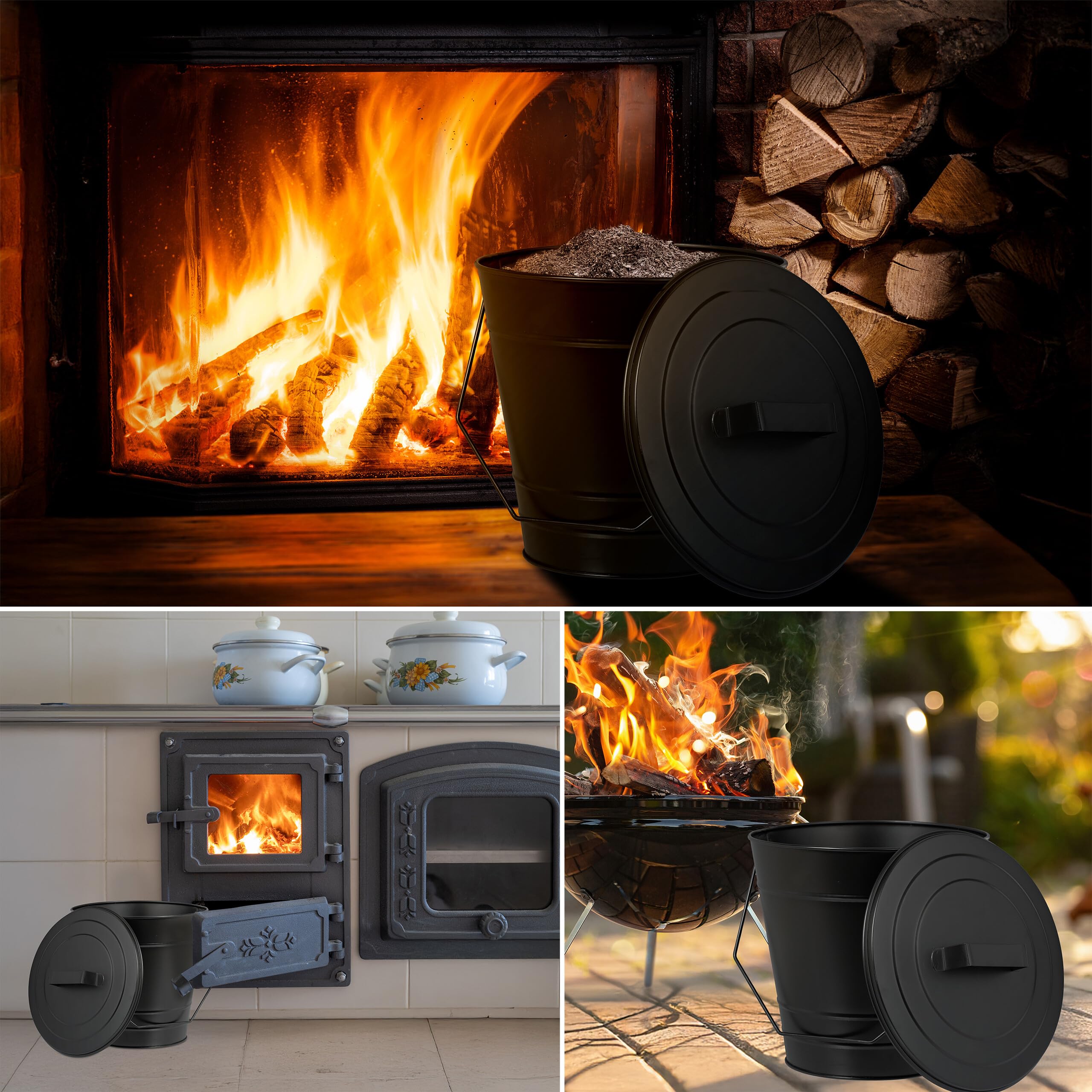Relaxdays Cubo para Cenizas con Tapa, 7 L, Accesorio para Chimenea, Estufa, con Asa, Almacenar Carbón, Hierro, Negro