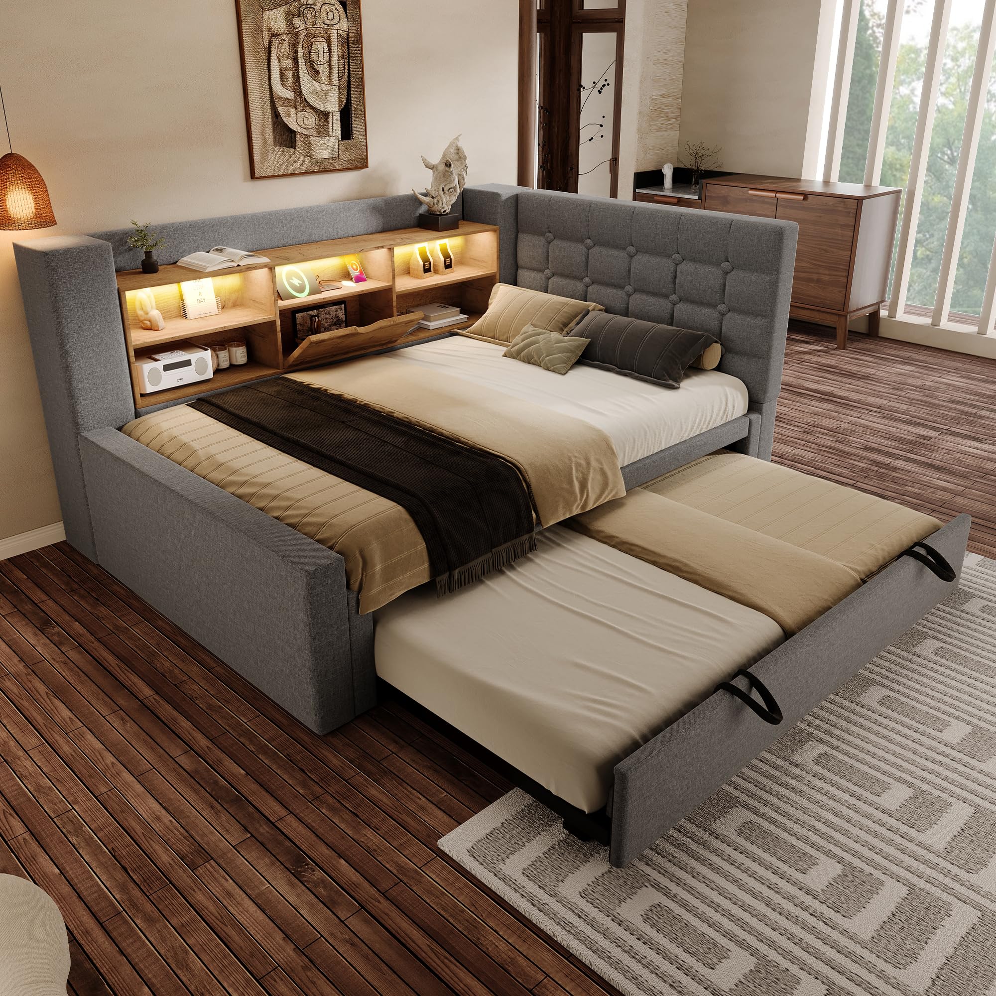 Cama tapizada de 90 x 200 cm con cama nido de 90 x 190 cm, iluminación LED, cama de almacenamiento, cabecero en forma de L con espacio de almacenamiento, montaje por ambos lados, somier, lino