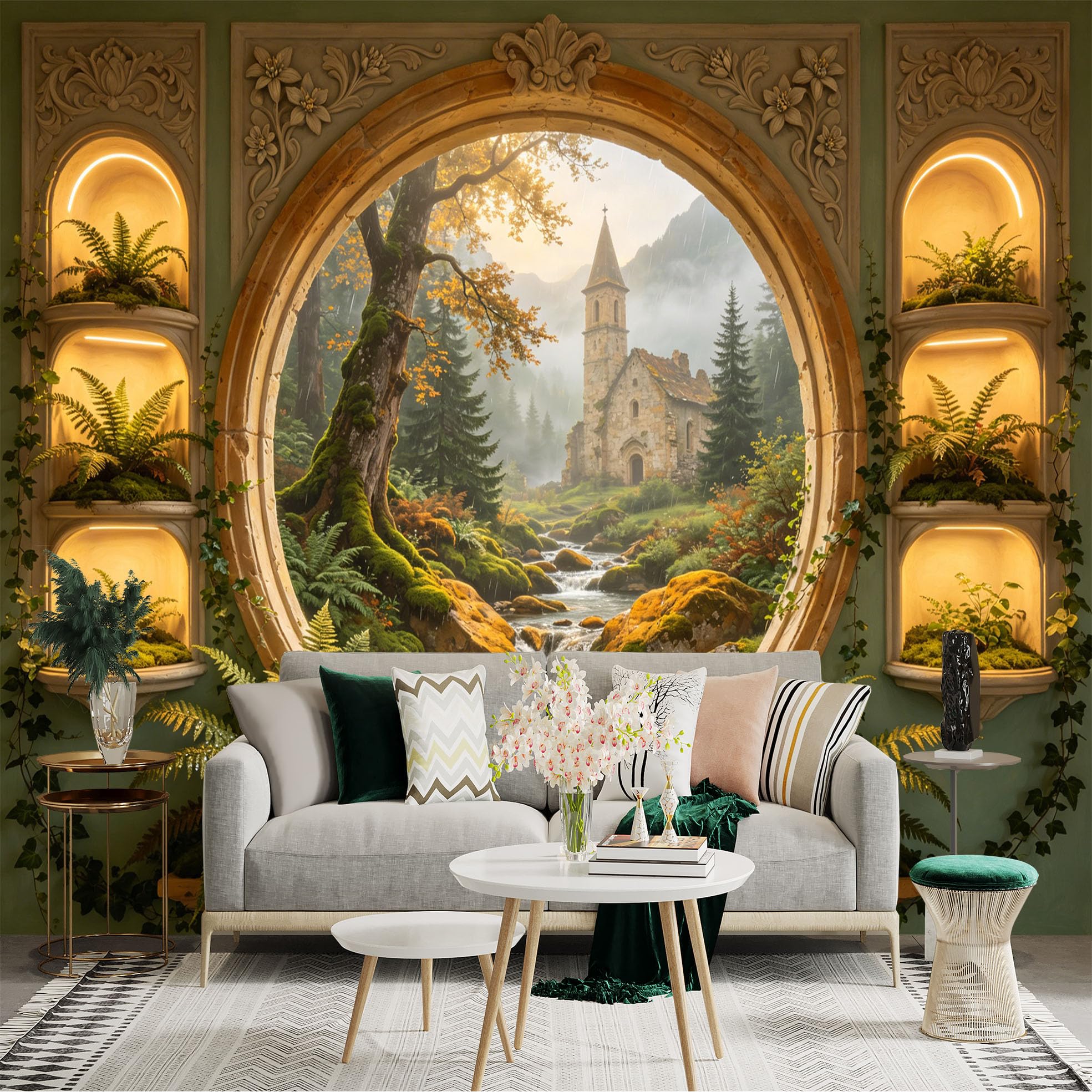 Custom Size Wall Sticker Mural， Vintage Stone Church in Forest Valley with Waterfall and Ferns， for wall Decoration， peelandstick wall Decals.