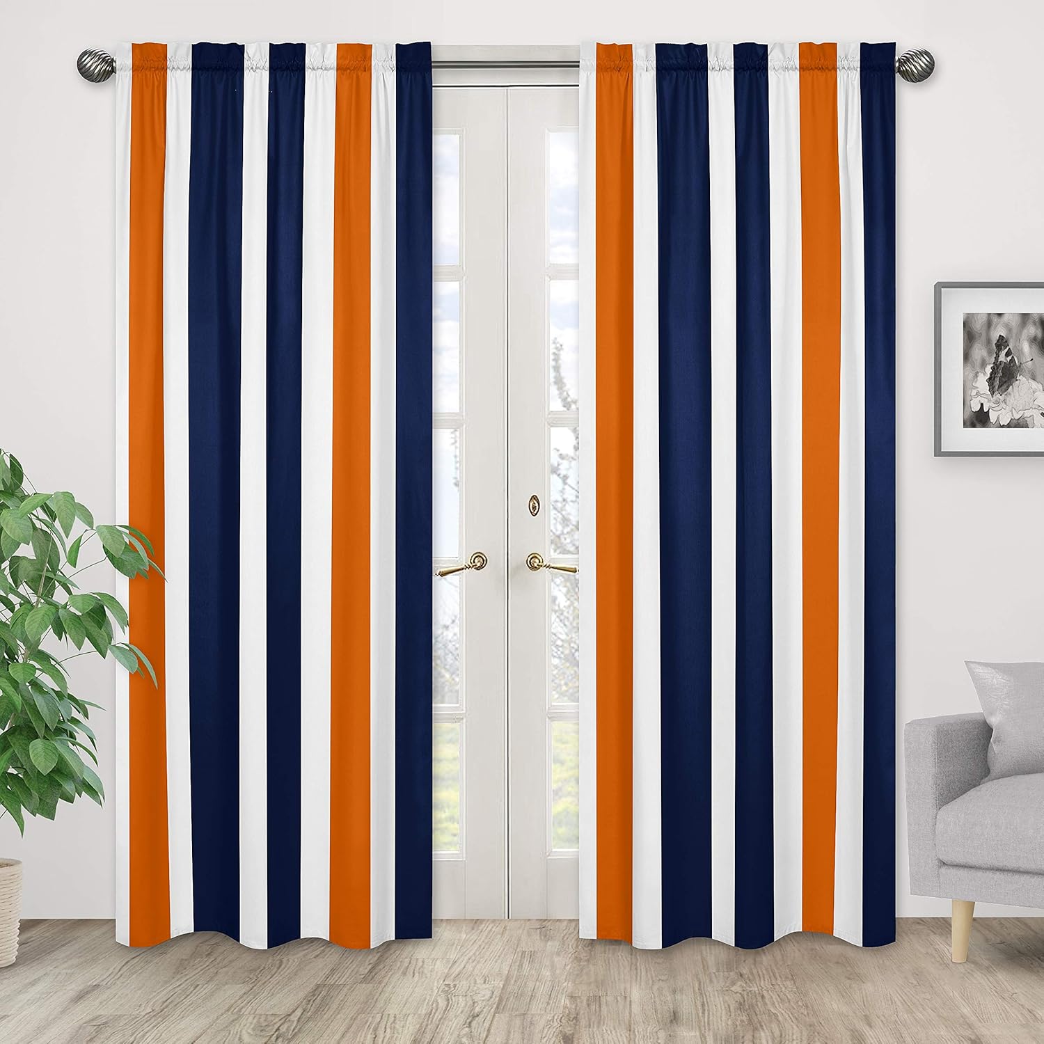 Sweet Jojo Designs Navy Blue, Orange and White Window Treatment Panels for Stripe Collection - Set of 2