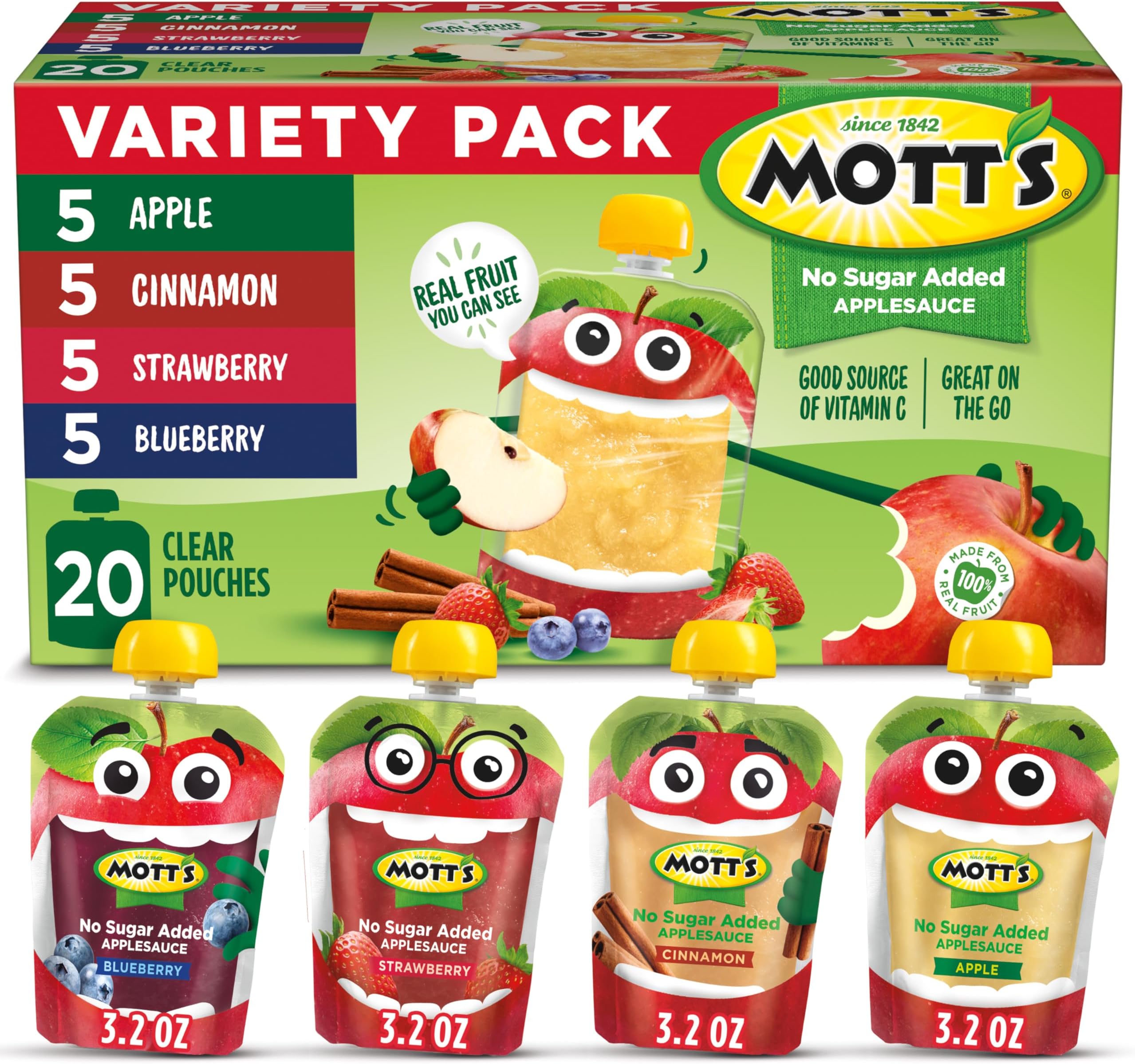 No Sugar Added Applesauce Variety Pack, 4 Flavors โ Apple, Strawberry, Cinnamon & Blueberry, Made from Real Fruit, No Artificial Flavors, 3.2 Clear Pouches, 20 Pack