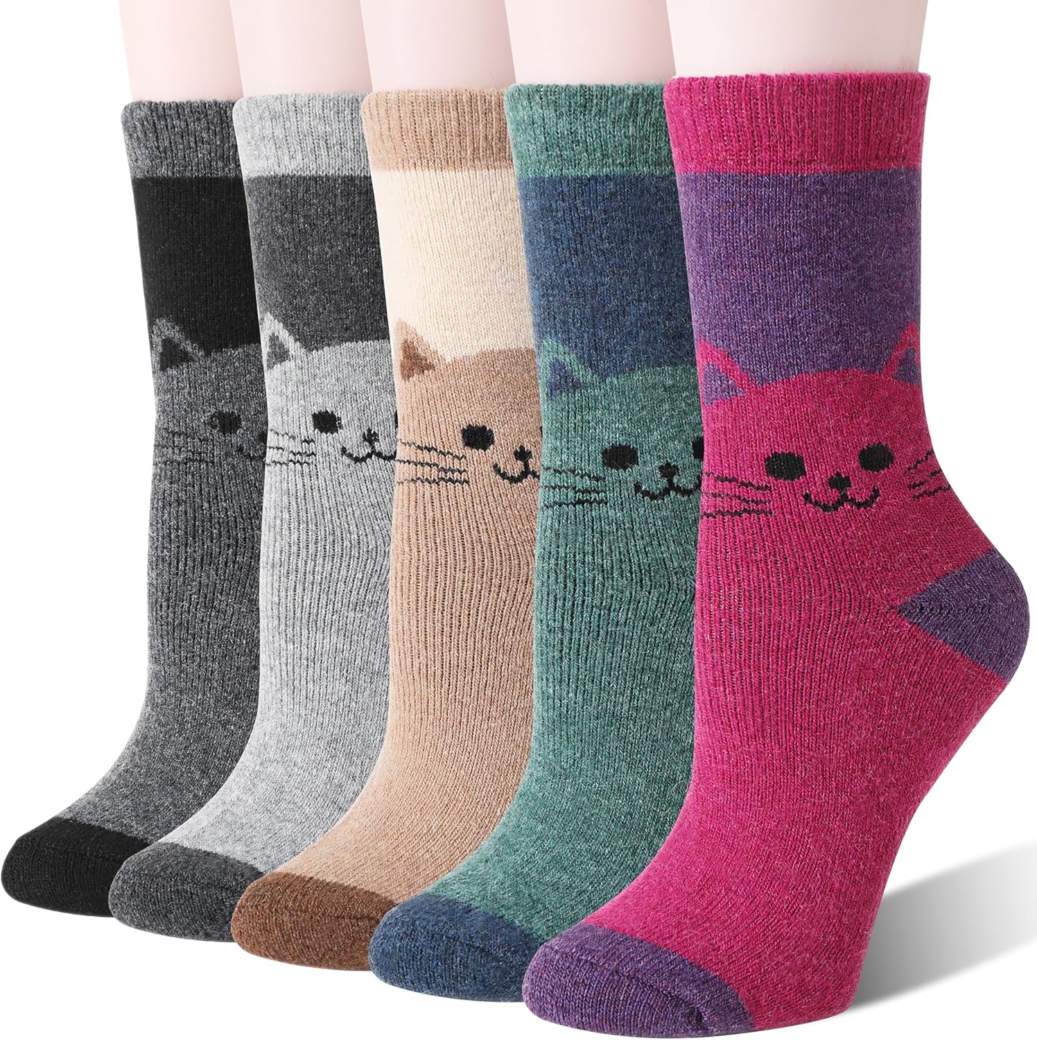 Women Merino Wool Cat Socks Thermal Winter Warm Thick Cozy Cute Fun Crew Boot Socks 5 Pairs