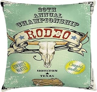 Ambesonne Western Throw Pillow Cushion Cover, Retro Style Rodeo Championship Poster Bull Skull Large Horns with Banner Grungy, Decorative Square Accent Pillow Case, 18