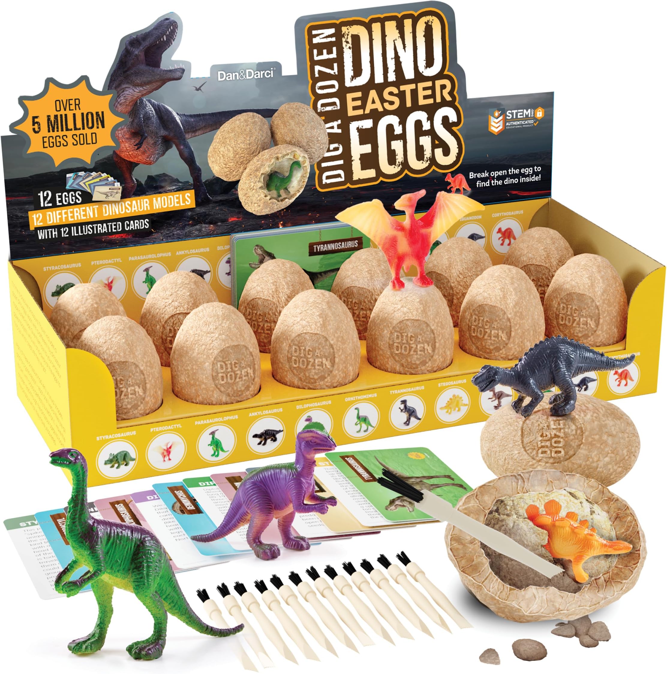 Dig a Dozen Dino Eggs Dig Kit - Easter Egg Toys for Kids - Archaeology Science STEM Crafts Gifts for Boys & Girls - Break Open 12 Unique Large Surprise Dinosaur Filled Eggs & Discover 12 Cute Dinosaurs