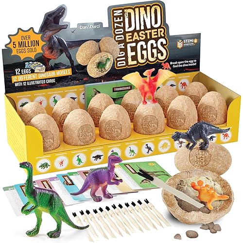Dan&Darci Dig a Dozen Dino Egg Kit for Kids - Dinosaur Toys Easter Gift 3-12 Year Old - 12 Eggs & Surprise Dinosaurs - Basket Stuffers - Science STEM Activities - Boy Toy Party Gifts for Boys & Girls