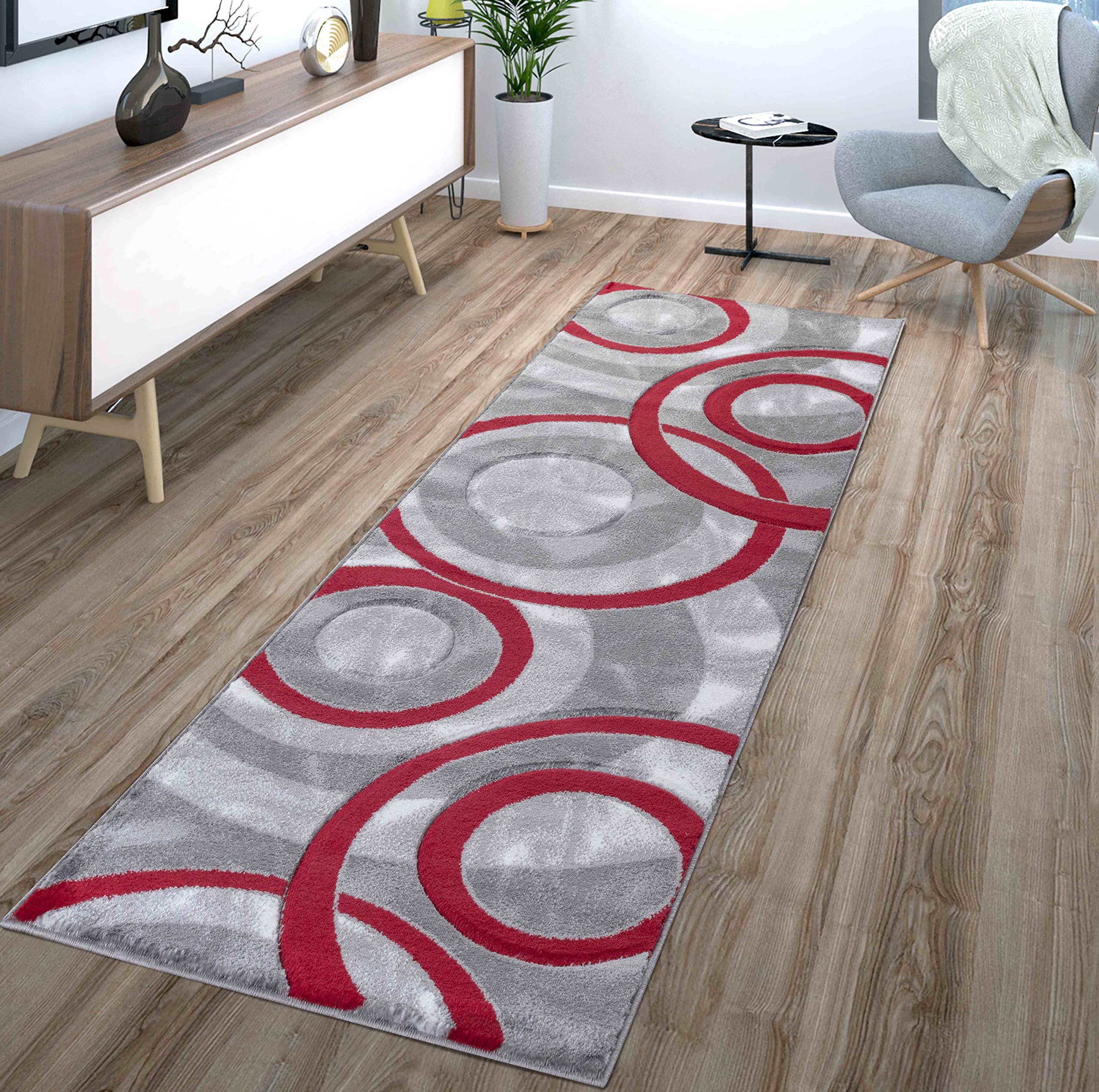 GLORY RUGS Area Rug Modern 2x7 Light Red Circles Geometry Soft Hand Carved Contemporary Floor Carpet Fluffy Texture for Indoor Living Dining Room and