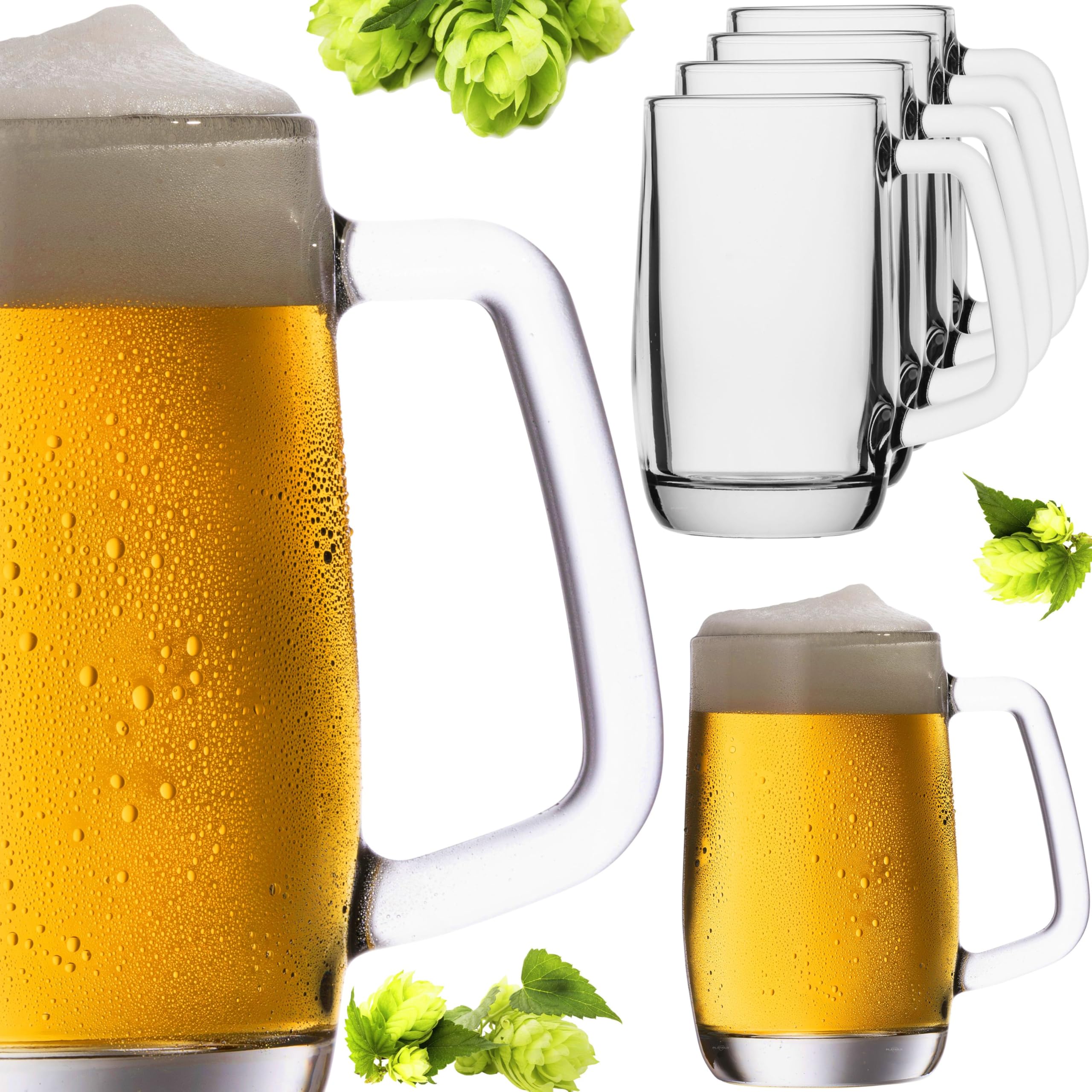 PLATINUX Juego de 6 jarras de cerveza con asa de cristal, 300 ml (máx. 375 ml)