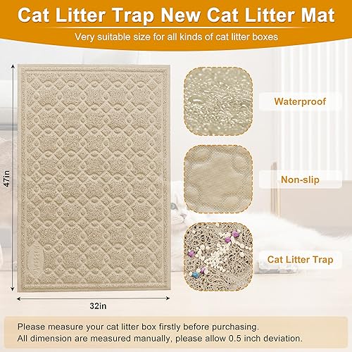 Miniatura 9 de Tapete para caja de arena para gatos, 35 x 24 pulgadas, tapete grande para atrapar arena para gatitos, mantiene el suelo limpio, tapete de caja de