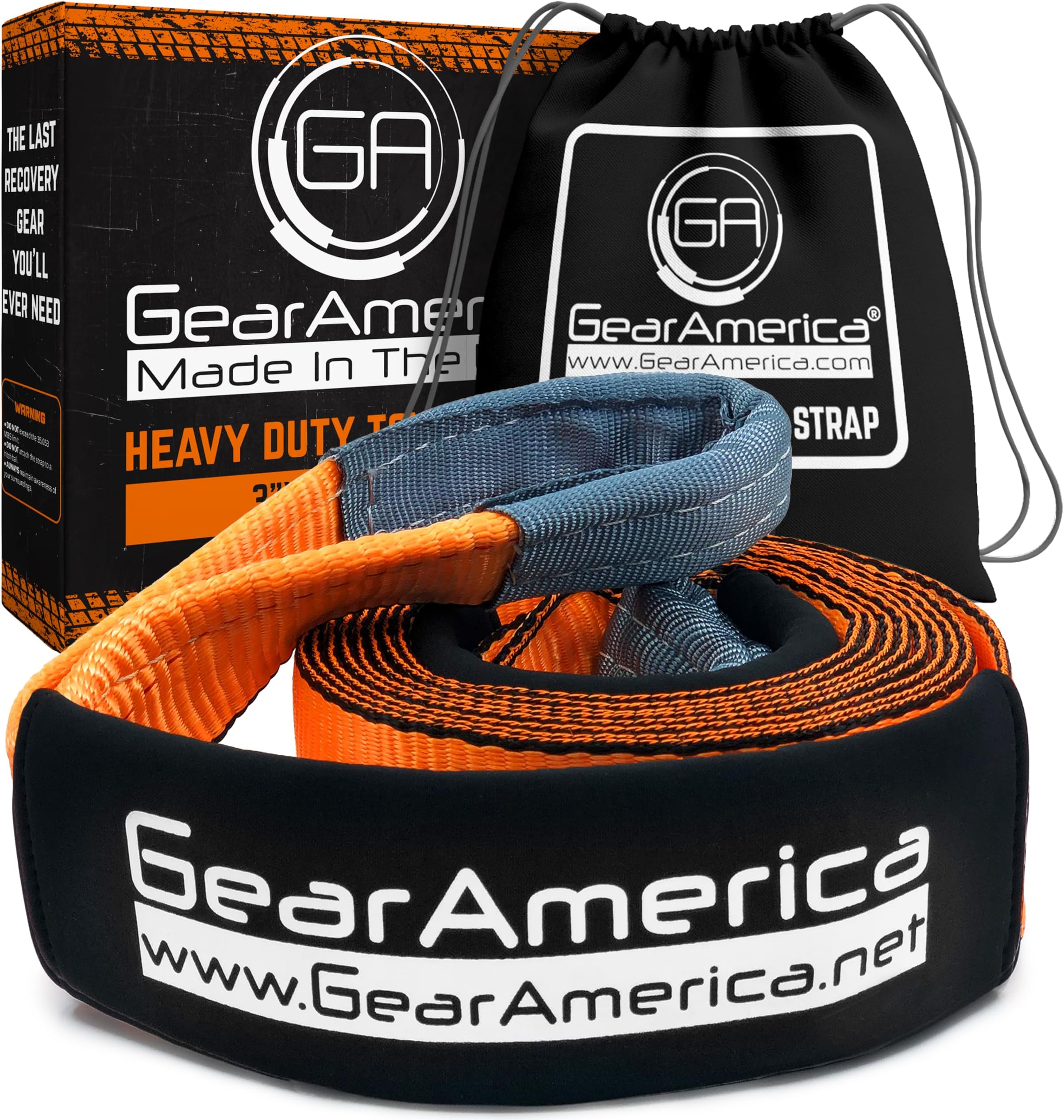 GearAmerica Heavy Duty Tow Strap 3" x20' | 35,000 lbs (17.5 US Tons) Strength | Use for Emergency 4x4 Towing, Recovery, or Winch Extension | Triple Reinforced Loops, Protective Sleeves & Storage Bag