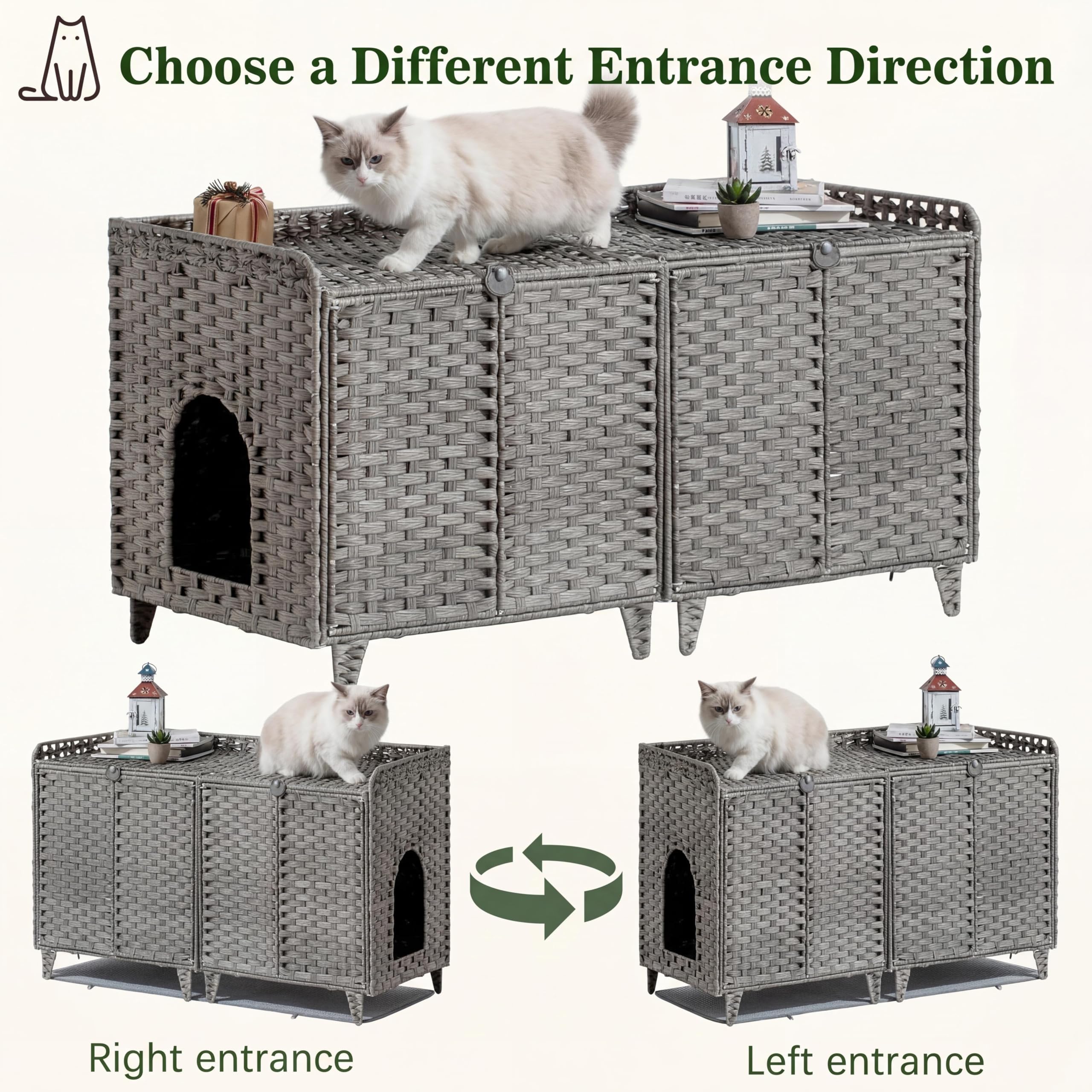 Garvee Mobiletto Copri Lettiera per Gatti in Rattan per 2 Lettierine, Grigio