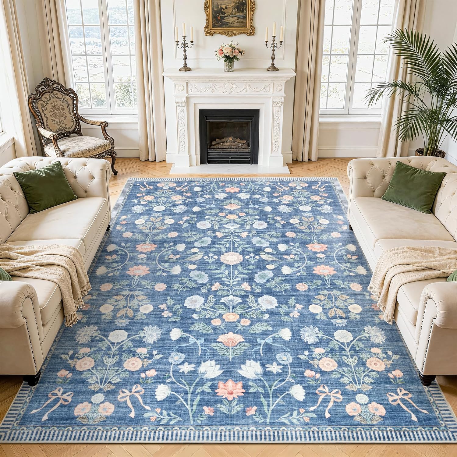 IDEALHOUSE 8x10 Washable Area Rugs for Dining Room Home Office Decor, Soft Floral Carpet Large Indoor Floor Carpets, Non Slip & Fade Resistant Foldable Mats, Pet & Kids Friendly, Blue