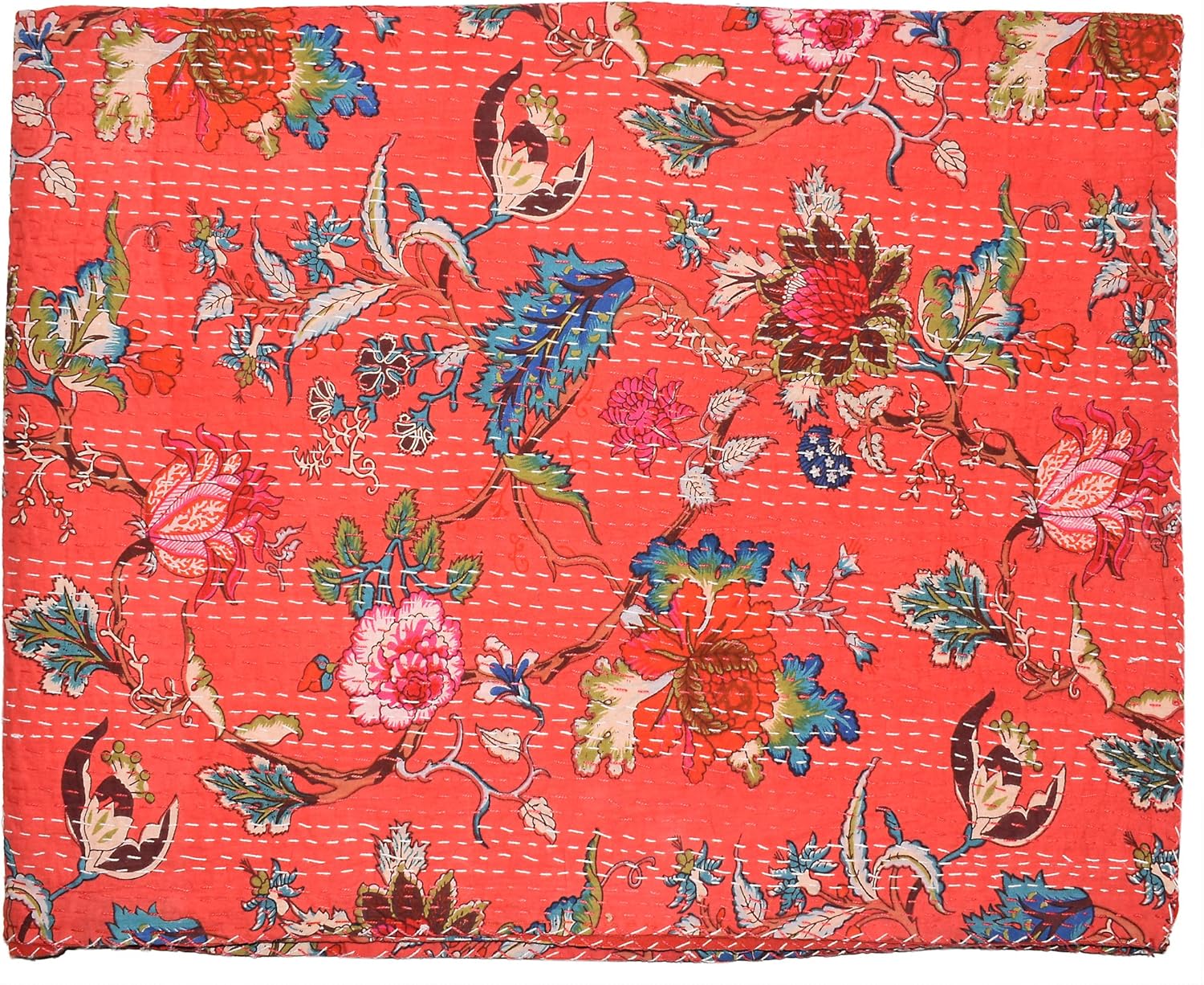 King Size Kantha Quilt New Indian Cotton Gudari Red Color Coverlet Floral Print Bedspread 90x108''