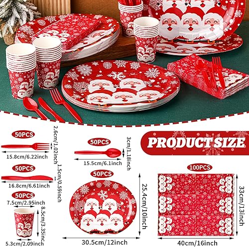 Miniatura 2 de Umigy Juego de vajilla desechable de Navidad de 350 piezas, suministros de fiesta de Papá Noel, 50 platos de papel ovalados, 50 tazas de 9 onzas,