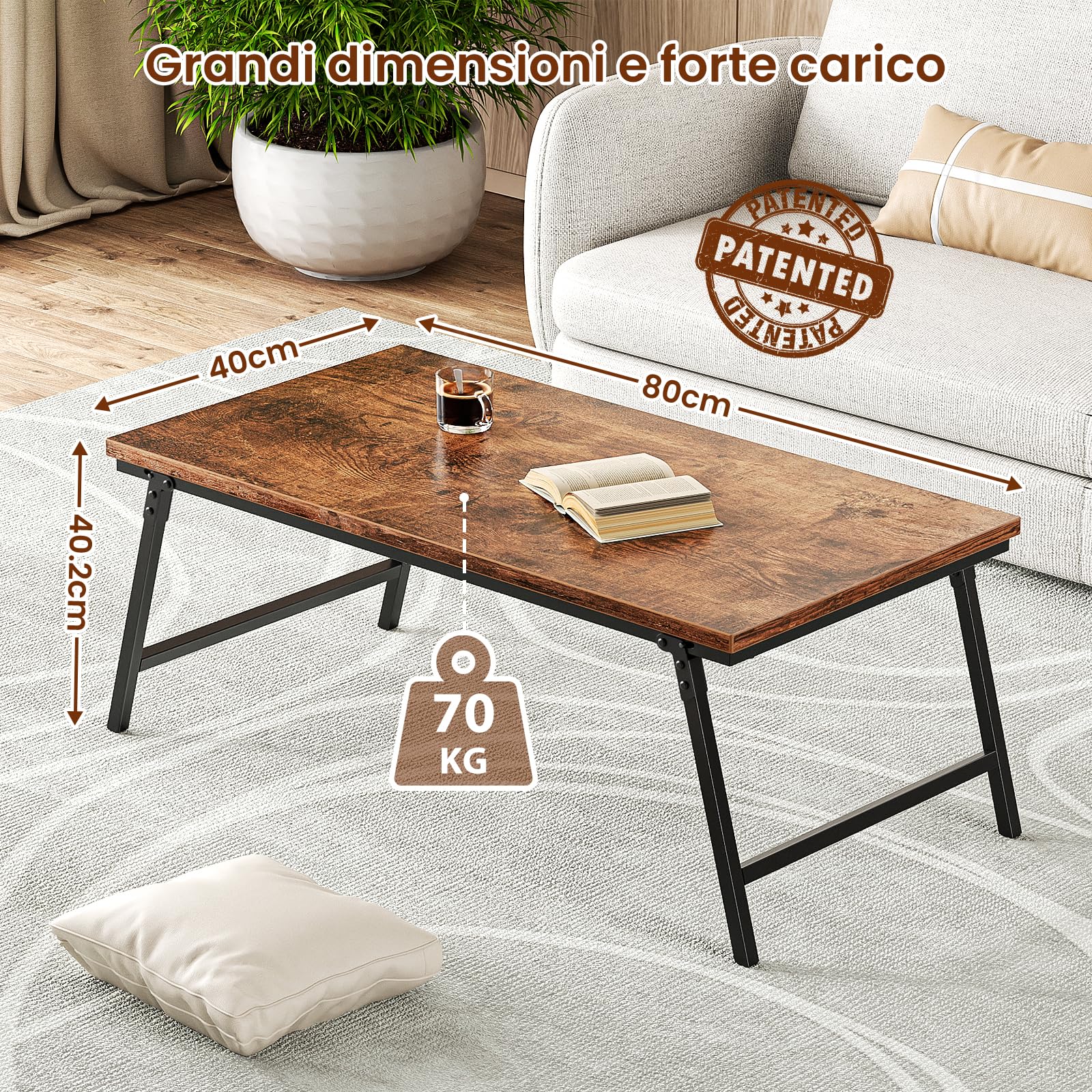 Tavolino Pieghevole, Tavolini da Salotto, con Fibbia per Gambe Fissa, 80 cm, Non Richiede Montaggio, Tavolo Basso in Legno Salvaspazio, Soggiorno, Camera da Letto, Marrone Vintage