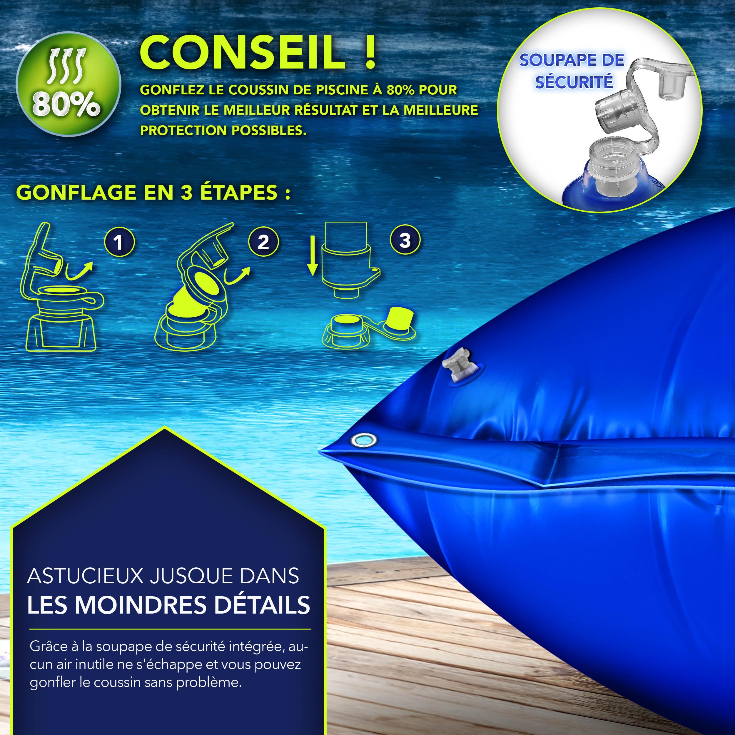 tillvex® Coussin de piscine pour l'hiver XXL 200 x 240 cm | Coussin d'air avec kit de réparation - Coussin d'hiver avec valve de sécurité - Double couture
