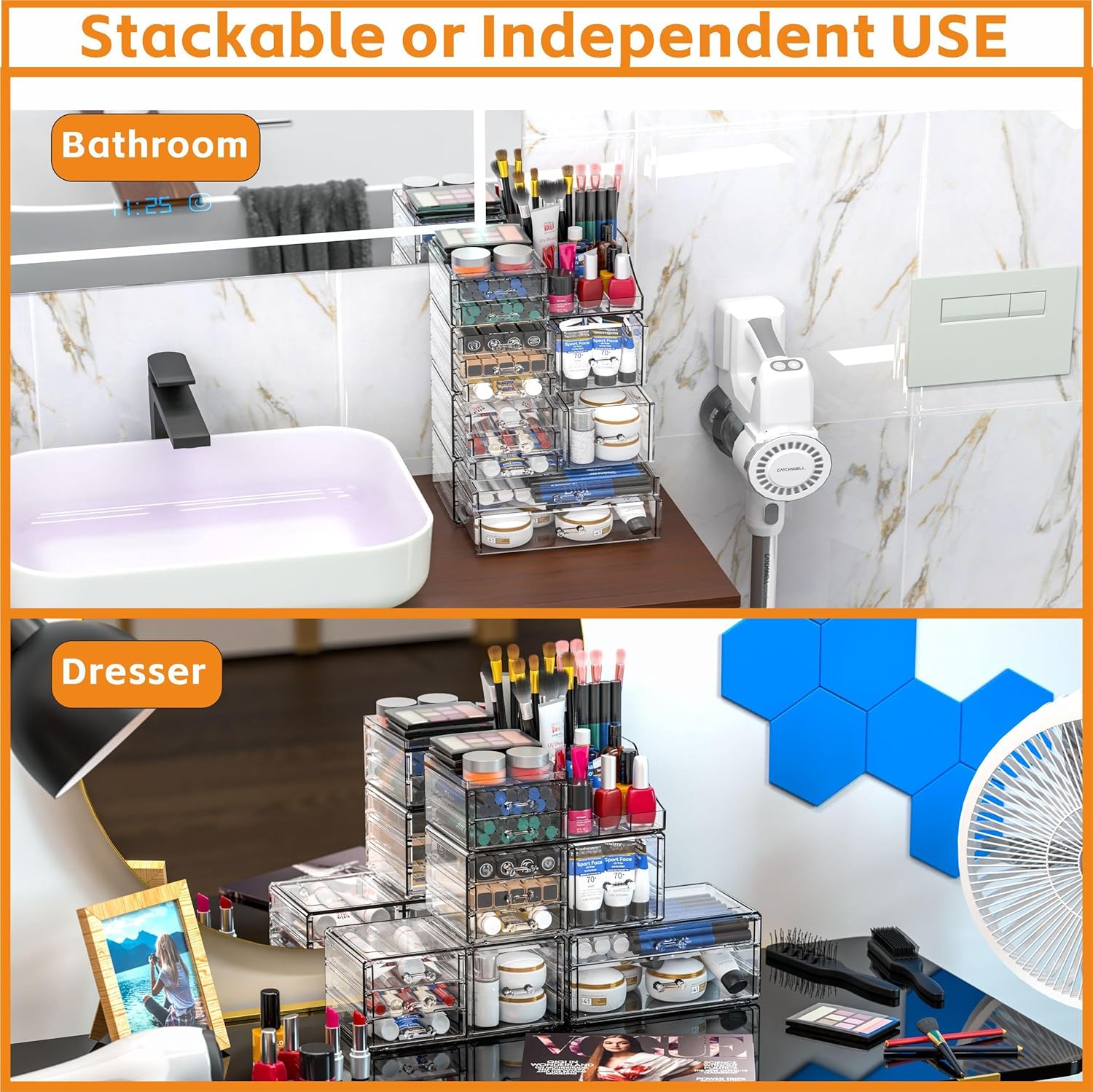 Acrylic Clear Make up Organizers And Storage for Vanity,Bathroom Skincare Organizer With 12 Drawer for Dresser,Plastic Desk Accessories Organization,Cosmetic Organizer Countertop for Beauty,Skin Care 12 Drawers-Set of 4 image 4 of 8 B0D2CSPS6Z