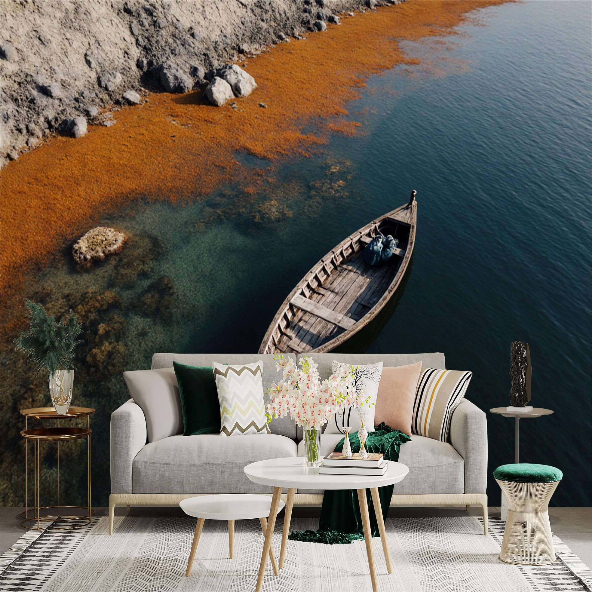 Custom Size Wall Sticker Mural， Wooden Boat on Calm Lake with Rocky Shore and Autumn Colors， for wall Decoration， peelandstick wall Decals.