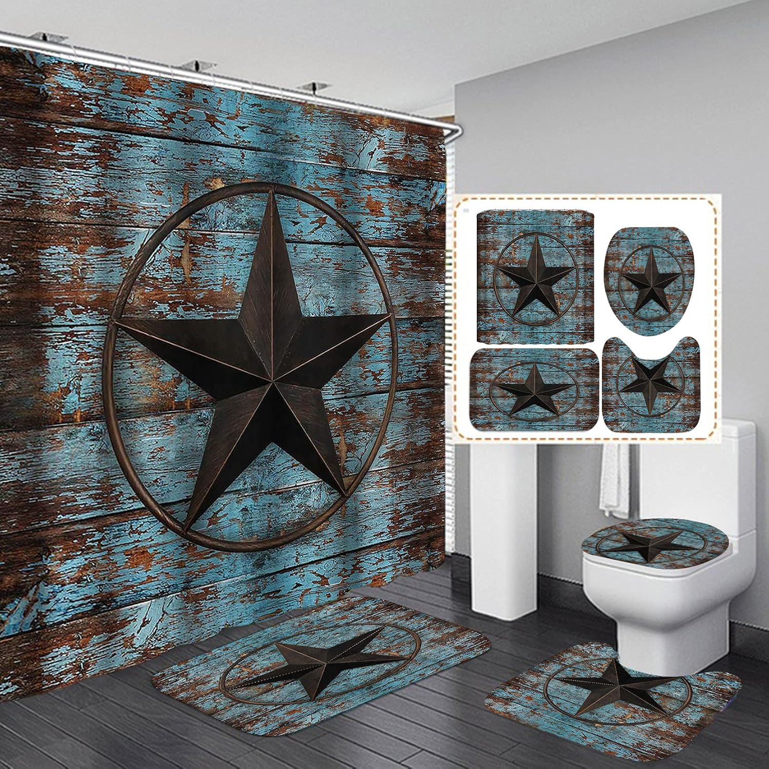 4PCS Farmhouse Shower Curtain Set, Vintage Blue Barnwood Texas Star Western Country Rustic Farmhouse Bathroom Decor, Soft Fabric Shower Curtain, Non-slip Bath Mat Toilet Rug, Blue Wood Panel