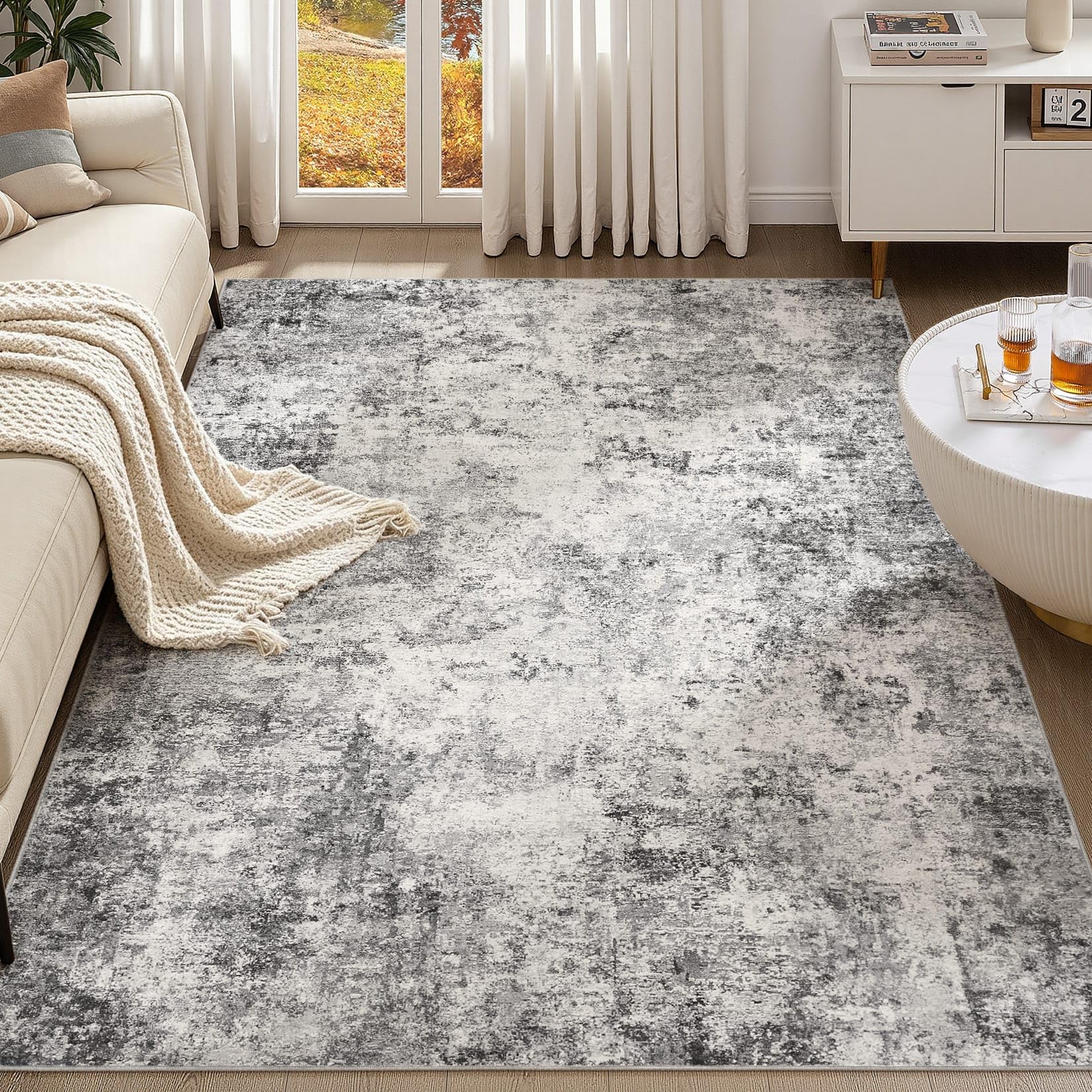UERMEI 6x9 Washable Area Rug - Neutral Modern Abstract Living Room Rugs, Non-Slip Soft Large Indoor Floor Carpet for Bedroom Home Office & Under Dining Table Decor, Grey