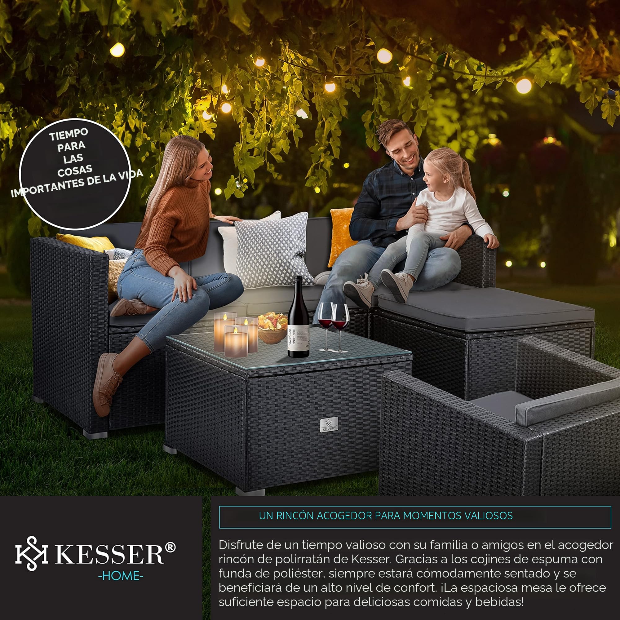 KESSER® Polyrattan Lounge Aruba, Juego de jardín para 4-5 Personas, Conjunto de Muebles de jardín, Grupo de 3 sofá de jardín, sillón, Taburete y Mesa Auxiliar con Cojines de Asiento